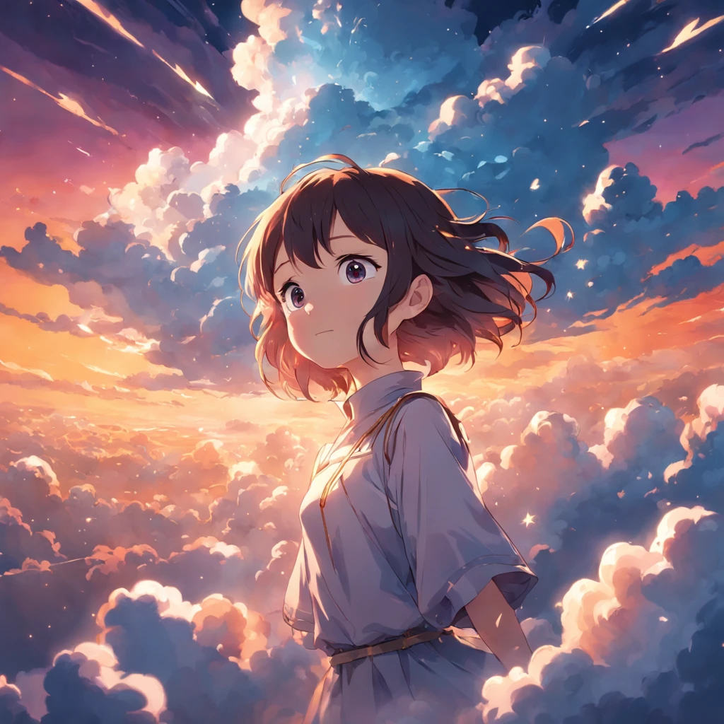 masterpiece, best quality, movie still, 1girl, cloud girl, floating in the sky, close-up, bright, happy, warm soft lighting, sunset, (sparks:0.7)