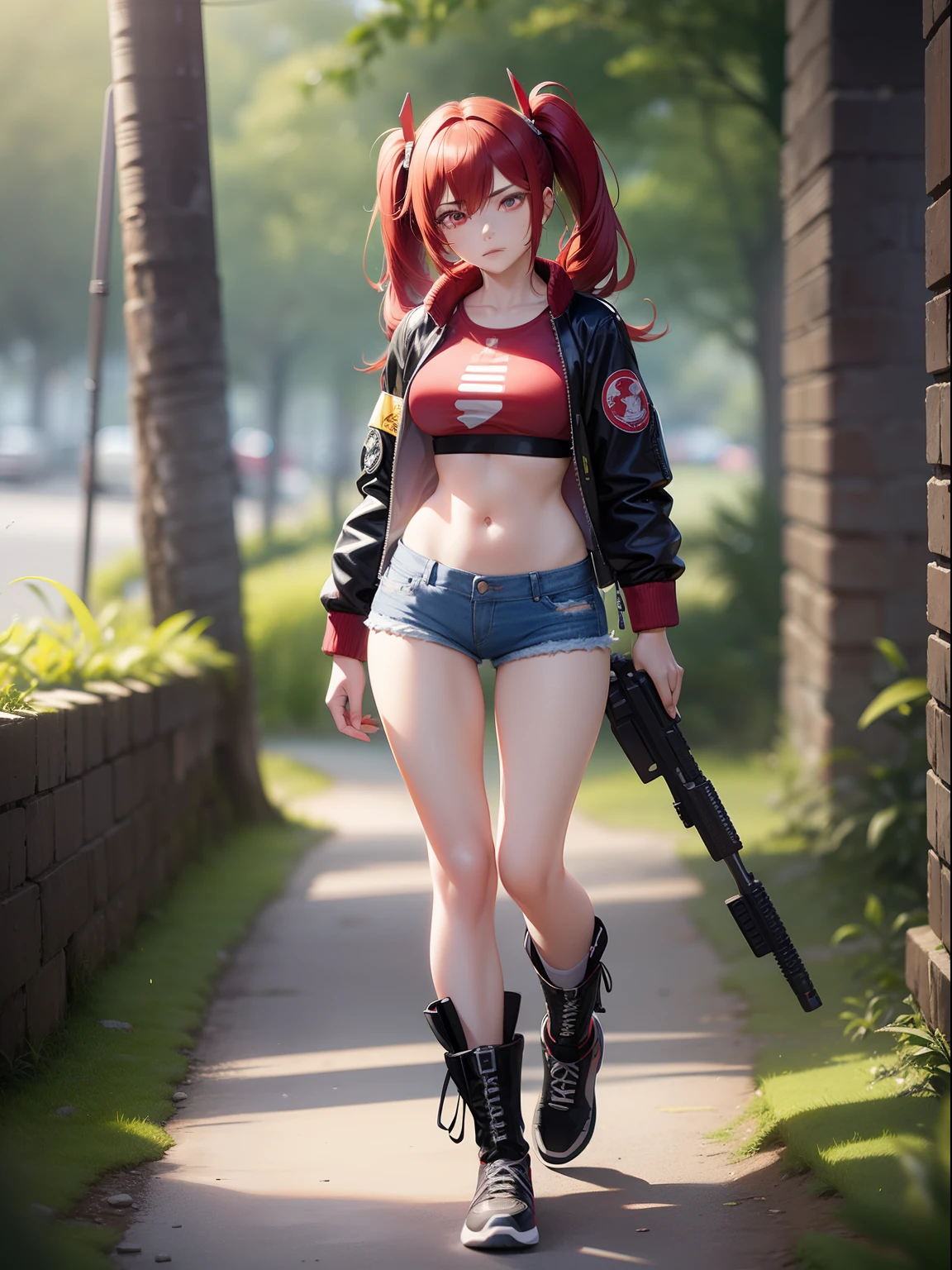 Female asian Irina Shidou red hair twintails, in ancient Mayan ruins, wearing a bomber jacket and crop top and denim shorts, laser rifle in right hand, lonely, ray tracing, reflection light, depth of field, full body shot, masterpiece, best quality, high details, high quality, ccurate, textured skin, UHD