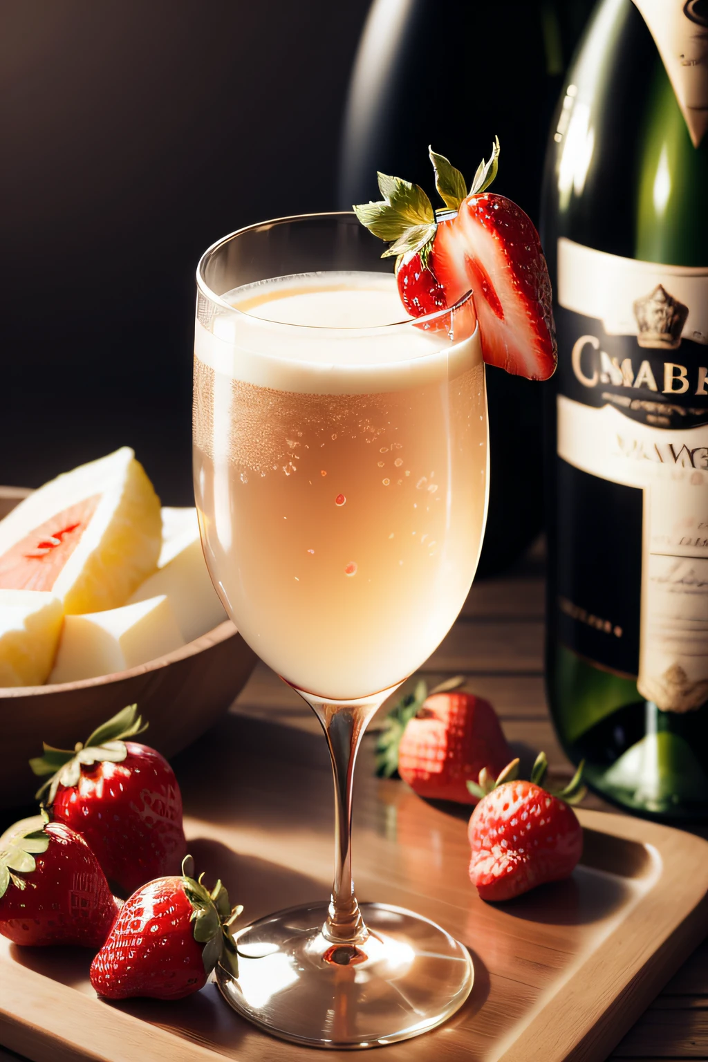 A beautiful glass of champagne with strawberries.