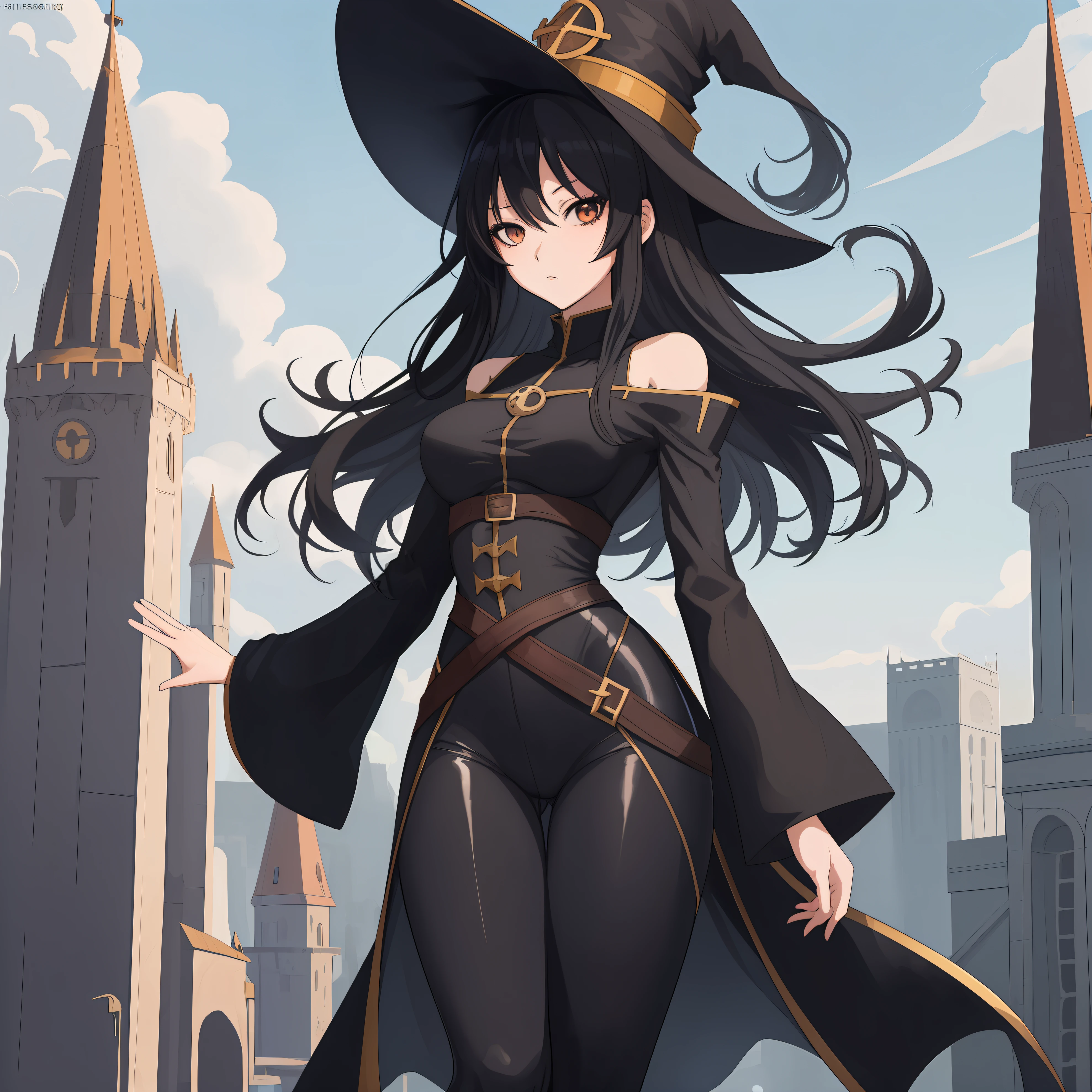 anime girl, black hair, wizard tower, full body shot, sexy, skinny, black leggings