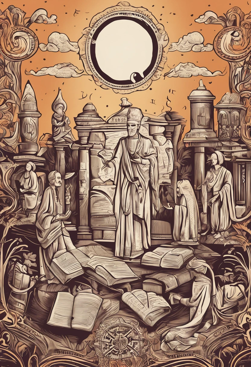 An animation of old books opening up, illustrations of various religious practices, meditation and prayer,com uma expressao bem pensativa.