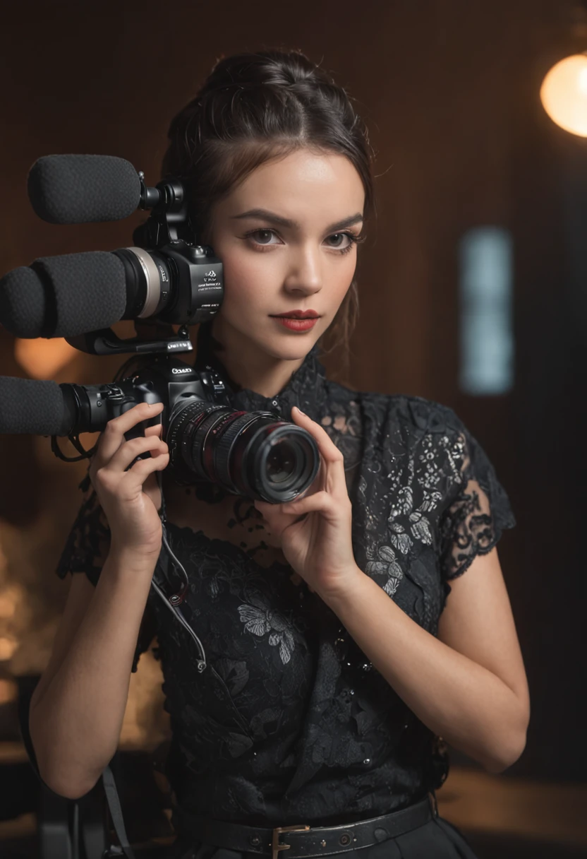A woman sitting next to a table with sophisticated state-of-the-art equipment, mesa de som, mesa de estudio de videomaker, estilo Android, girl in studio, 8 K, Traje no estilo cyber-punk