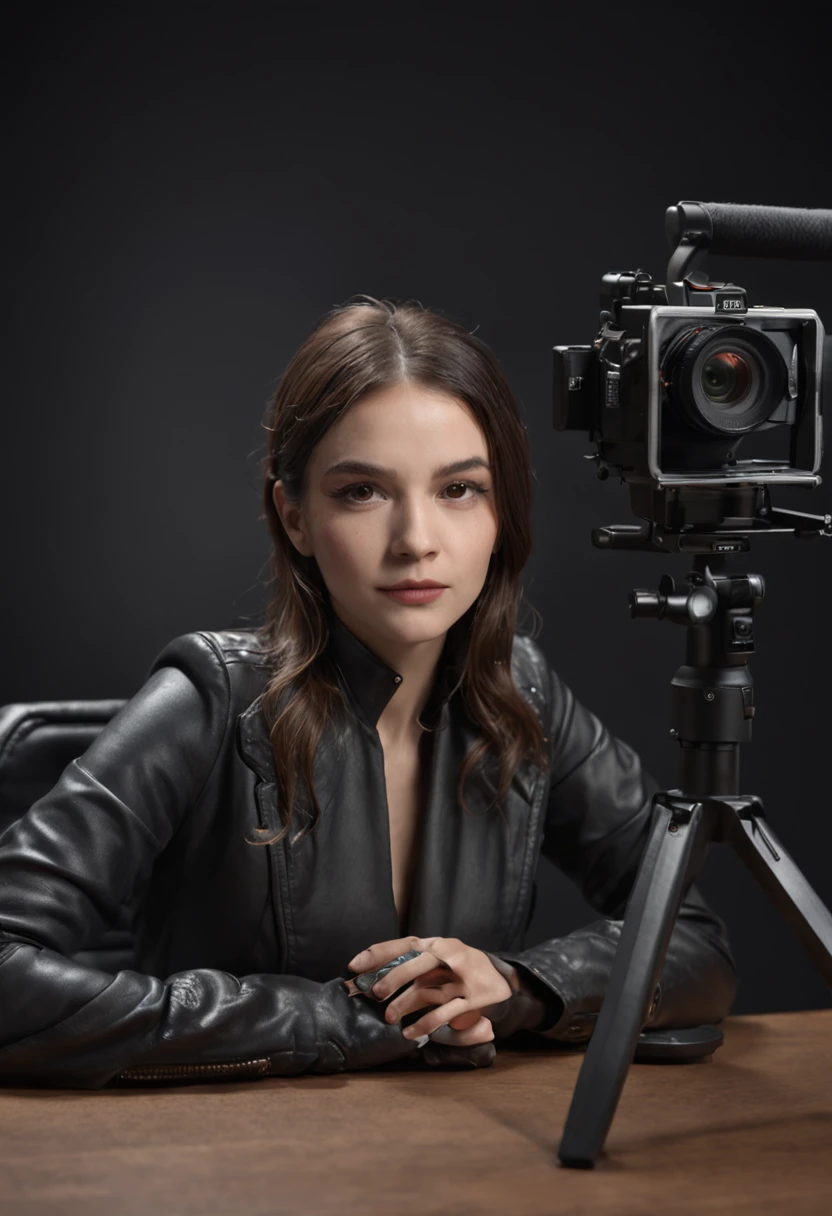 A woman sitting next to a table with sophisticated state-of-the-art equipment, mesa de som, mesa de estudio de videomaker, estilo Android, girl in studio, 8 K, Traje no estilo cyber-punk