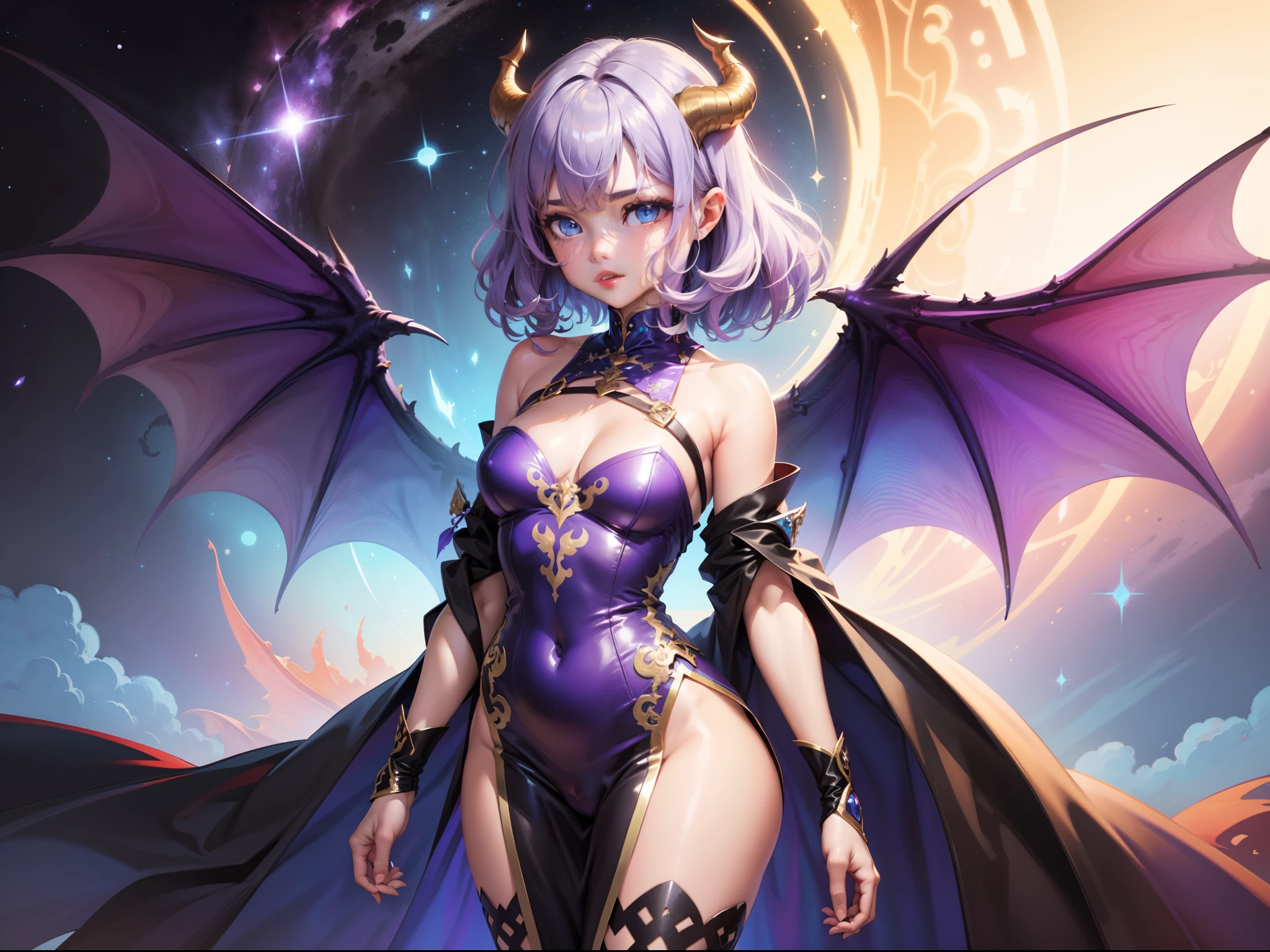 A cute girl with short, wavy light purple hair, stunning purple and blue eyes, and adorable dragon horns, dragon wings, dragon girl, wearing a charming fantasy outfit. cute straps, High resolution, high quality.