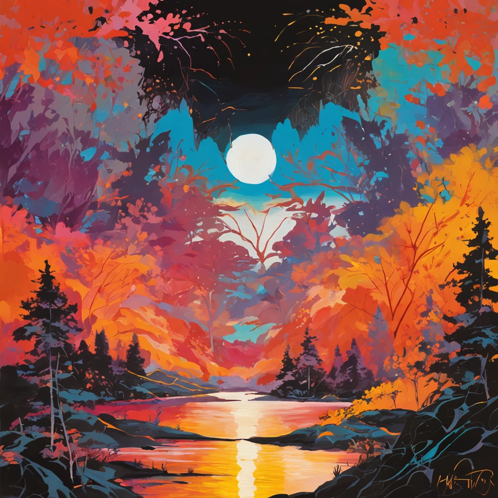 Intricate painting details of Japanese forests, by range murata, galaxy in background, Clouds, vivd colour, High contrast, Mountain, vector line art, orange highlights, trending in pixiv, anime concept art, Stick, Mattire, high high quality, Edge to edge, Sanskrit