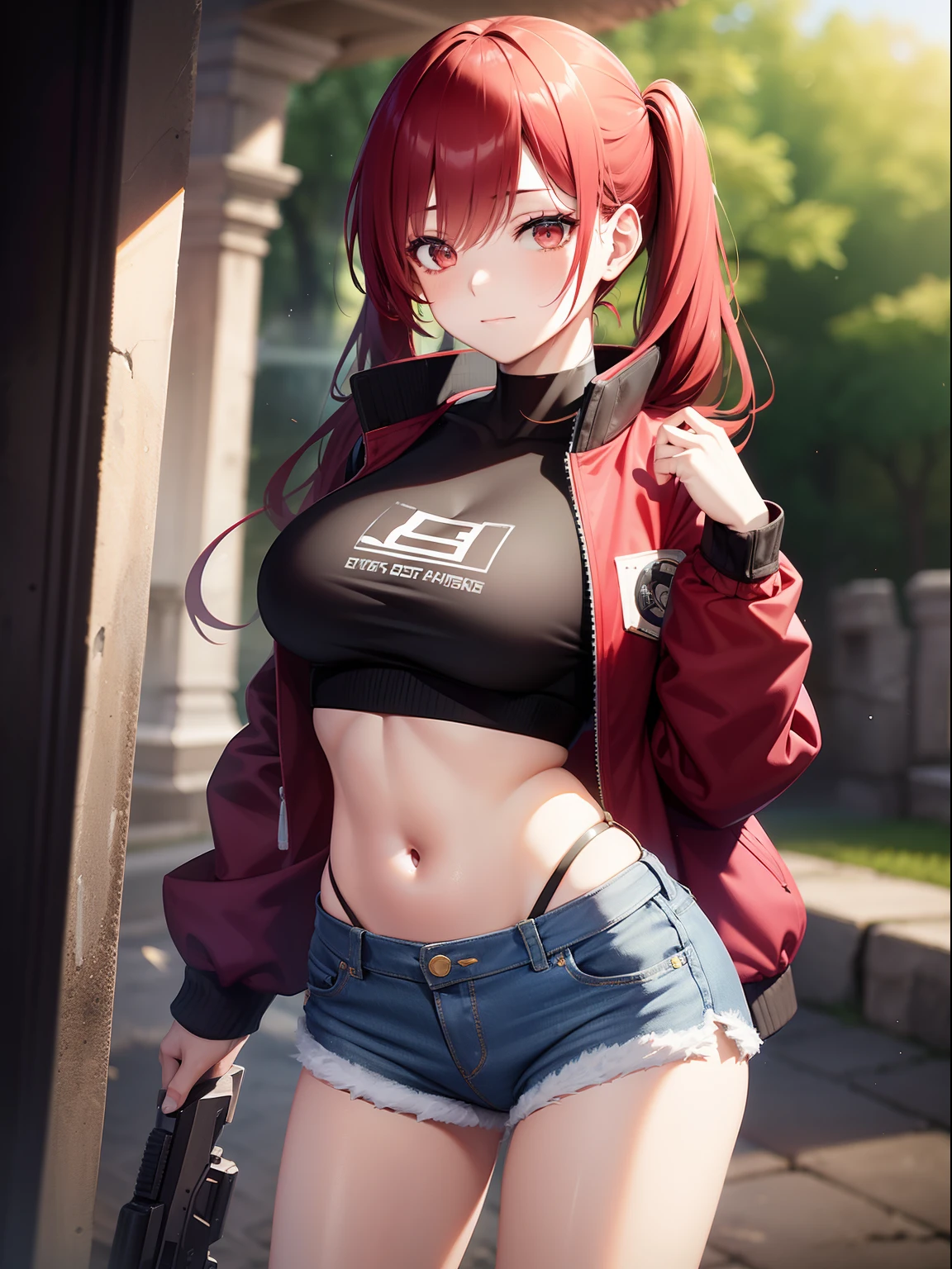 Female asian Irina Shidou red hair twintails, in ancient Mayan ruins, wearing a bomber jacket and crop top and denim shorts, laser rifle in right hand, lonely, ray tracing, reflection light, depth of field, full body shot, masterpiece, best quality, high details, high quality, ccurate, textured skin, UHD