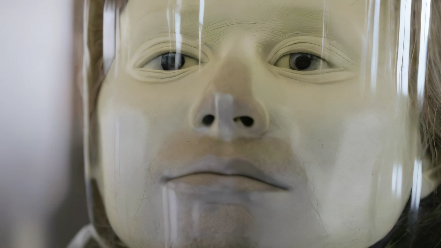 Man with face mask and tie around his neck, "A human head made of glass, face de vidro, face transparente, with detailed facial features, pessoa feita de vidro, Vale estranho assustador, Closeup do rosto, Rosto claro de Todd Solondz, rosto humano real, porcelain holly herndon statue, cara aterrorizante, Rosto detalhado