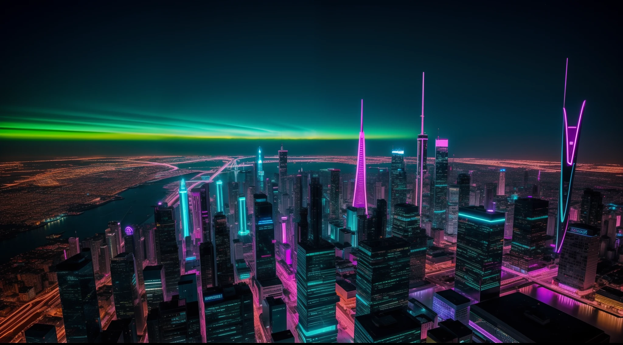 Futuristic city shining brightly in neon style.