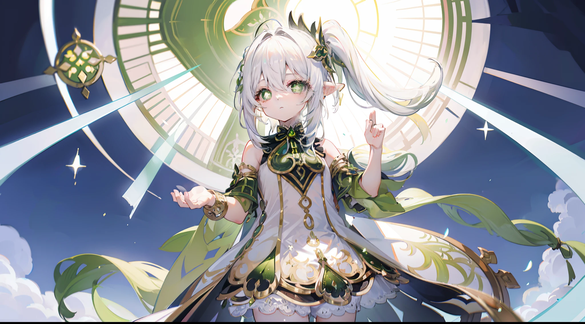 Nahida_Genshin,(White hair),cross-shaped pupils,default_dress,Green cape,Western religious temple background，"White dome"，Prayer gesture