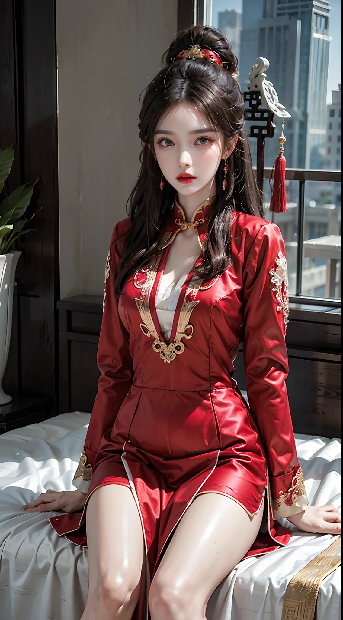 (Ultra-realistic 8k CG: 1.2), perfect artwork, delicate patterns, intricate details, (unparalleled masterpiece, best quality: 1.2), (extremely complex: 1.2), a woman in a red and gold dress, (sitting on a red bed), hips up, makeup, blush, shyness, black hair, looking down, cosmetics, (forehead point), (2 red candles), Chinese_clothes, curtains, earrings,hanfu, interior, jewelry, red nails, long_sleeves, red dress, red lips, tassels, (red quilt), (red palace: 1.2), (ancient Chinese architecture), (red: 1.8), night