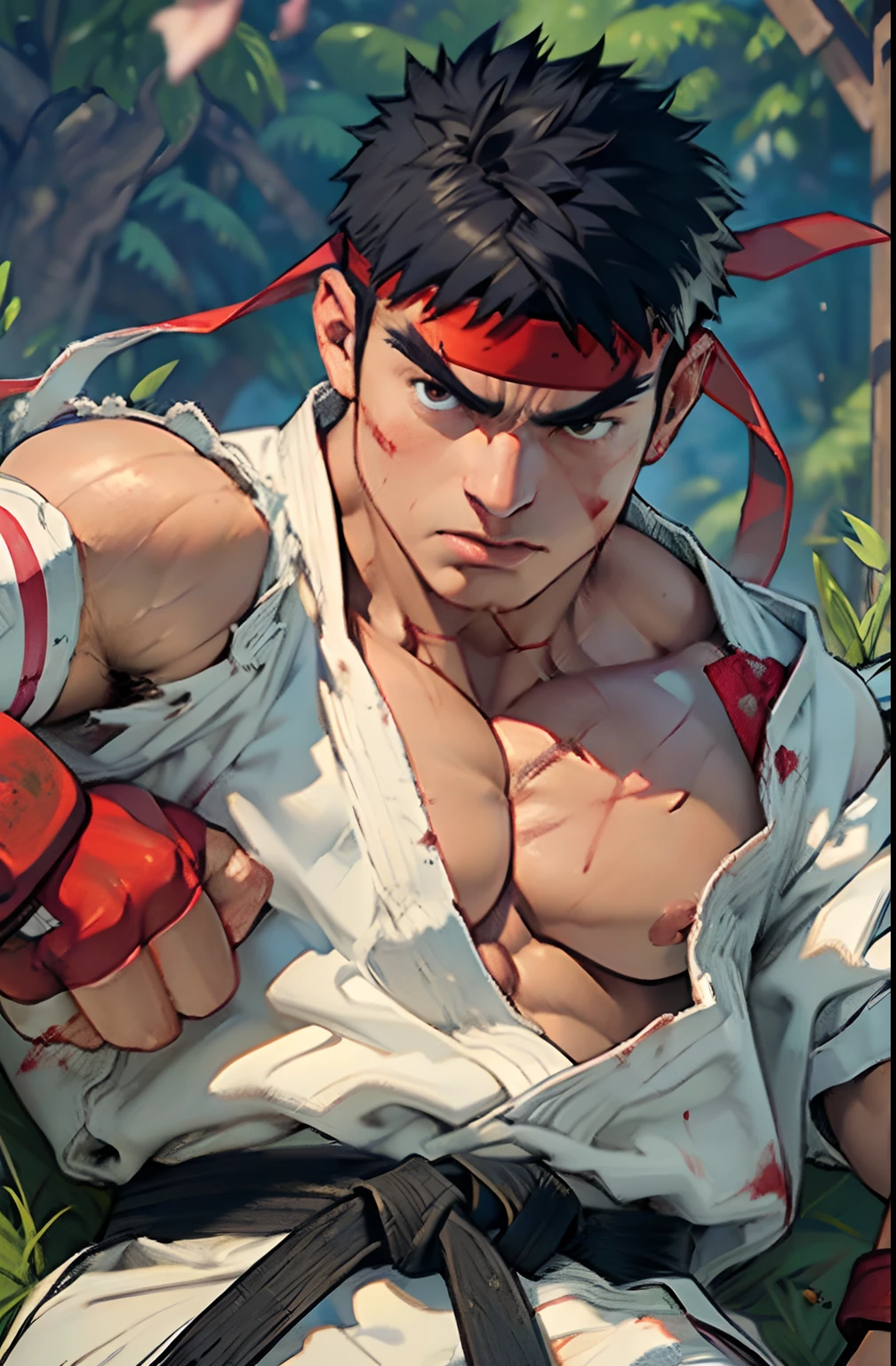 (masutepiece, ,NSFW,Best Quality:1.2),, Solo, Male Focus, 1boy, Ryu \(nffsw\), Middle Age, Serious, determined face, White skin, Looking at Viewer, Black hair, Detailed face, tall, hunk, muscular, broad shoulder, big physique, wounds, New White Dougi Shirt, Red headband, Fingerless gloves, blue aura, Cherry blossoms on background, Japan castle in the background、High Definition 3D Ultra HD 8K,NSFW,(​masterpiece、top-quality:1.2), gay,beef cakes,street fighter,Mature, Complex and elegant、Concrete walls,A sexy、Dynamic angles,laying on back,Correct anatomy,Ryu,Street,Graffiti,Male Focus,(White Karate Uniform, Torn clothing、Tattered bare shoulders,show off nipple:1.4),Black belt, perspiring、steams、glistning skin、(Bruises and blood stains on the face and body、blood flowing from head and face、injuries on body、Damage、Wounds and cuts、nosebleed,bleeding lips:1.4),A frustrated look on his face,Mouth closed, see the beholder, short dark hair, Red headband,Red fingerless gloves,Strong muscles、（Focus on the crotch,Bare crotch、Bare thighs 、Opening legs,raise her legs,laying on back,pene:1.3）