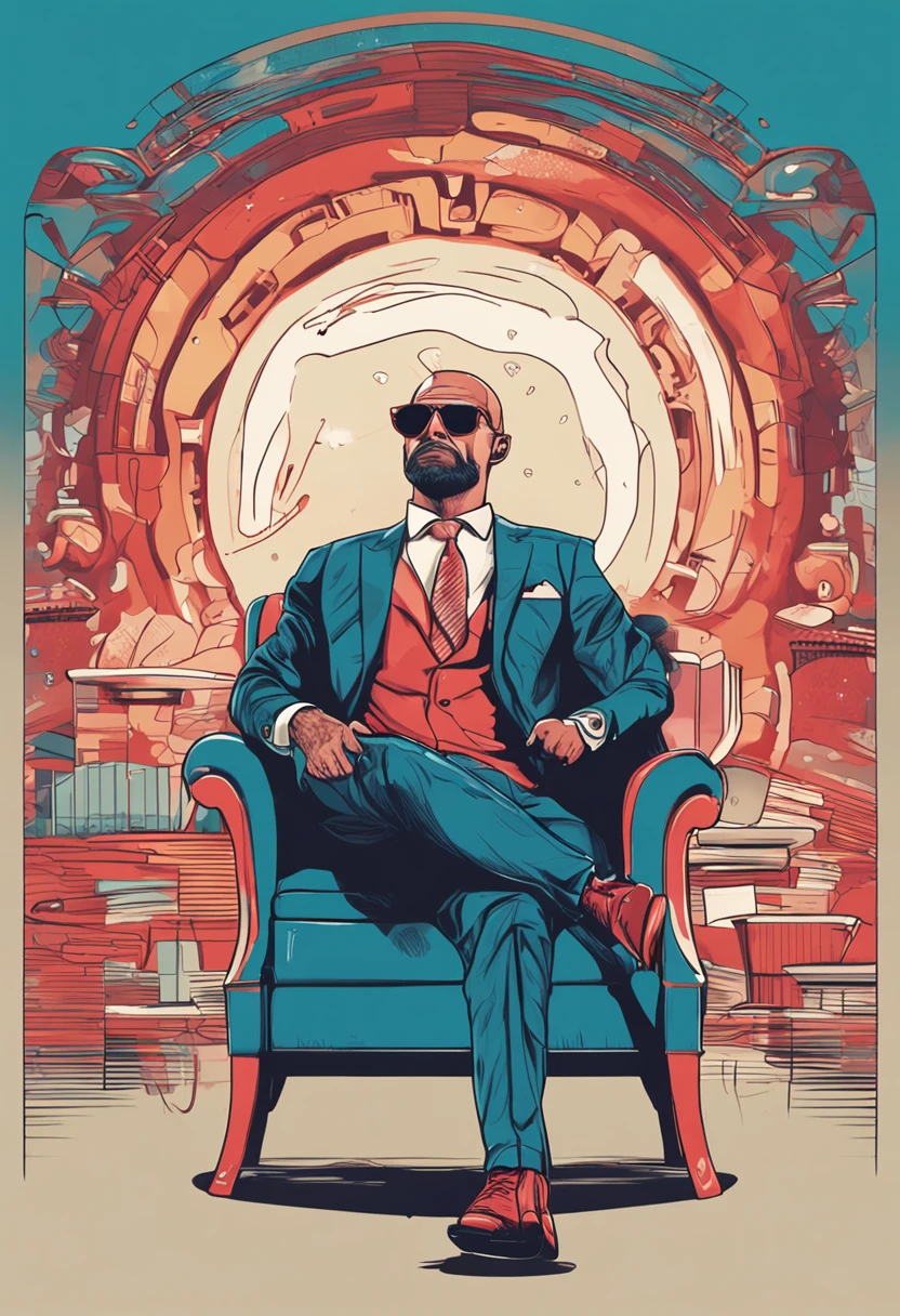 "Hyper realistic 4k illustration of a YouTube logo featuring a stylish business man wearing a suit. The logo has the face of a cool brain wearing sunglasses, sitting on the man's lap."