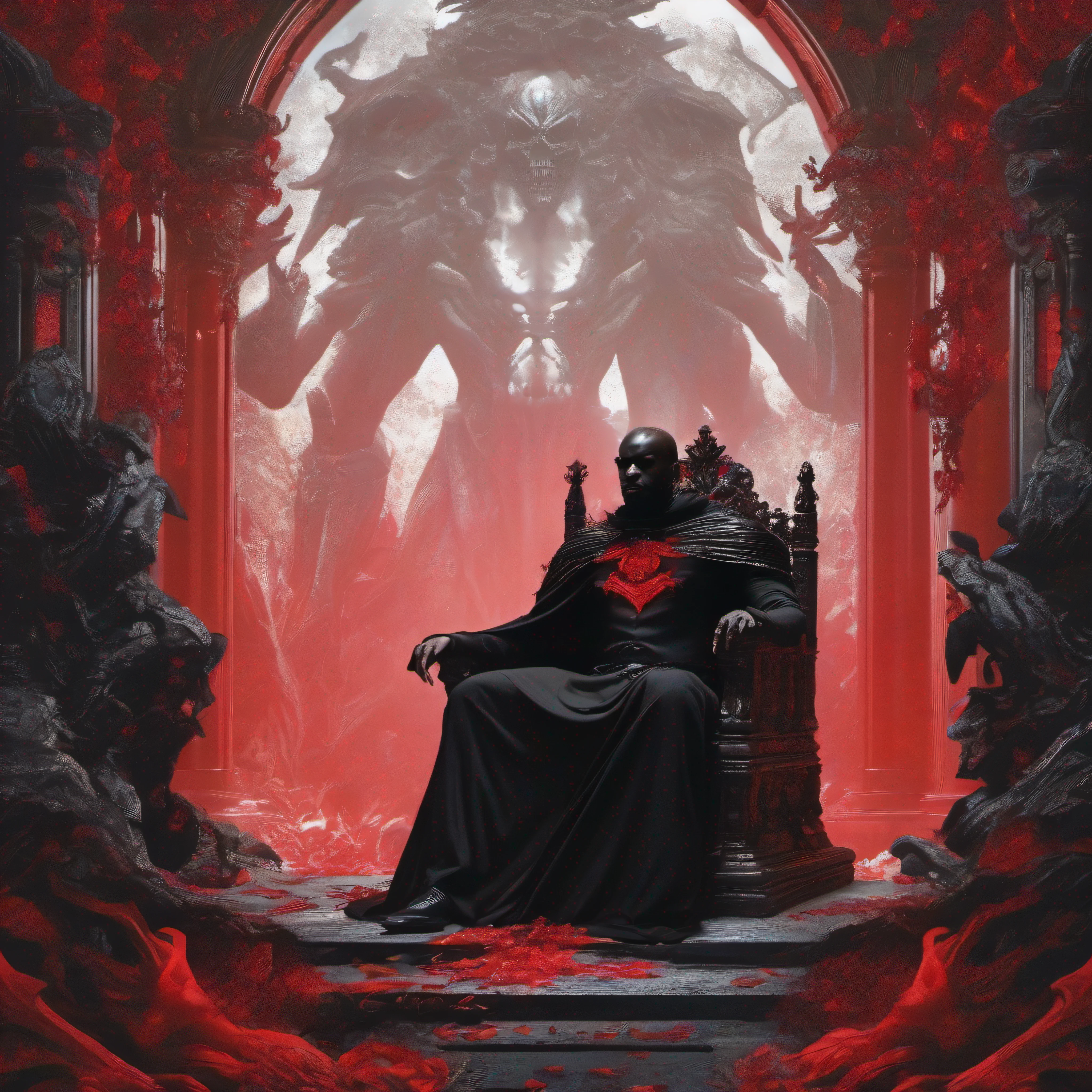 Black man, with demon appearance, is sitting on a black throne, wears a black cape with red, stepping on a skeleton that comes out of the ground, hell scene,