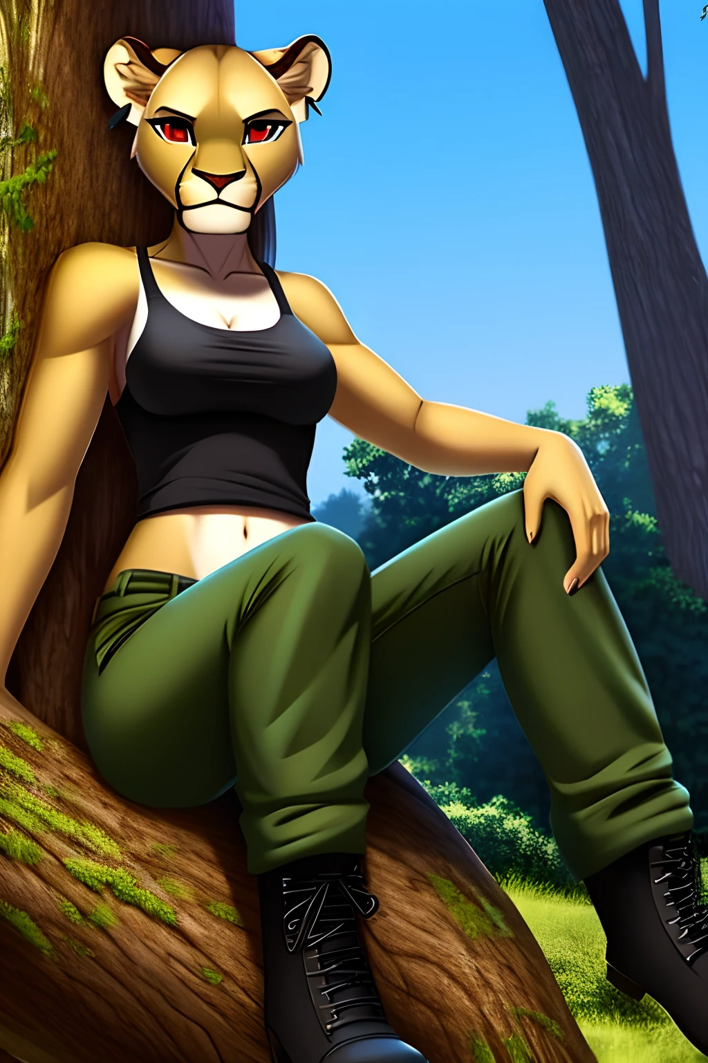 anthropomorphic, female, lioness, red eyes, wearing a white tank top, green camouflage pants, black boots, notched ear, sitting on a tree trunk in the middle of a forest, looking at the viewer, neutral expression, holding an ak-47, high quality, hyper detailed, masterpiece,