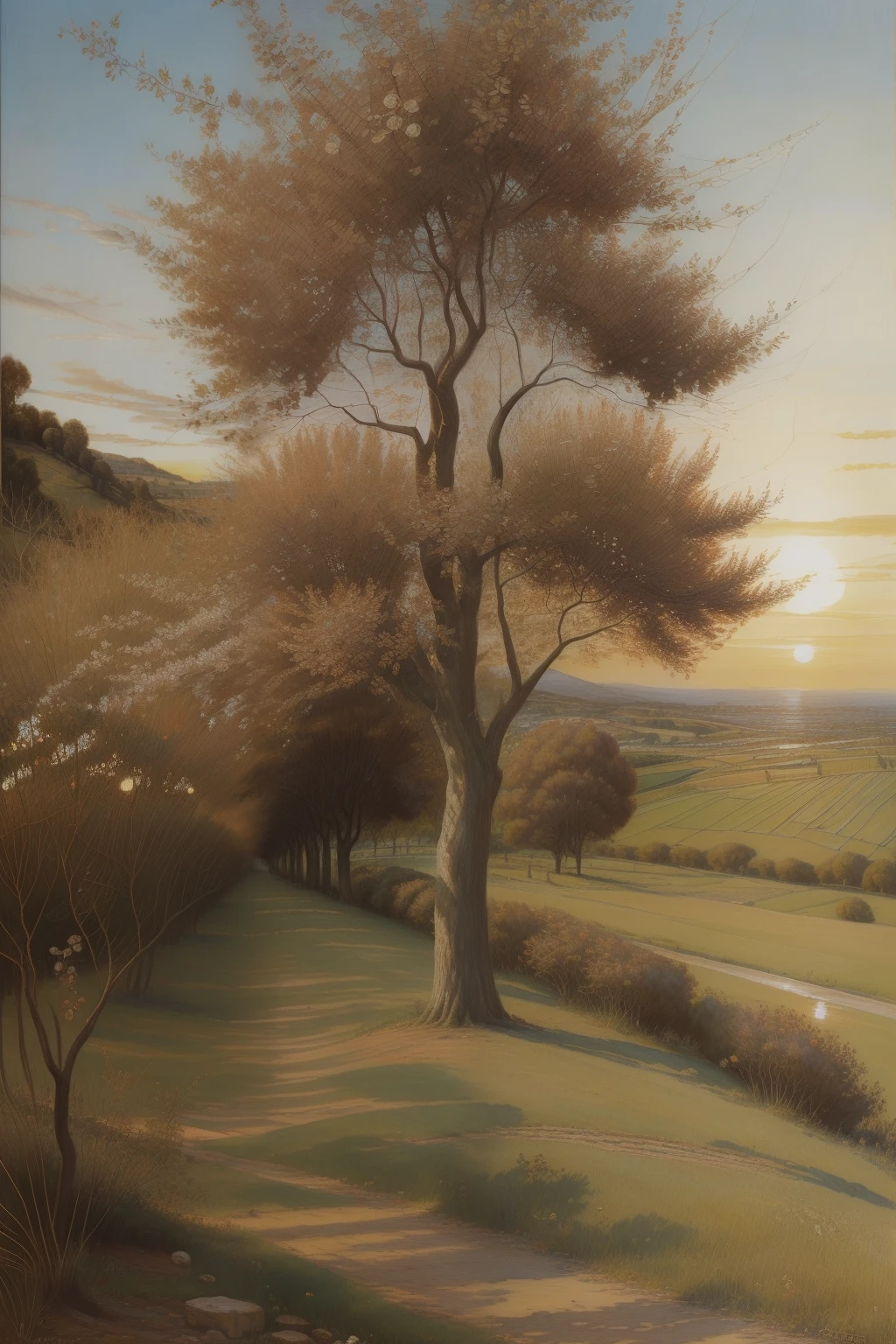 (((Pre-Raphaelite elm painting next to a hazelnut tree, por do sol no mar, paisagem celta)))