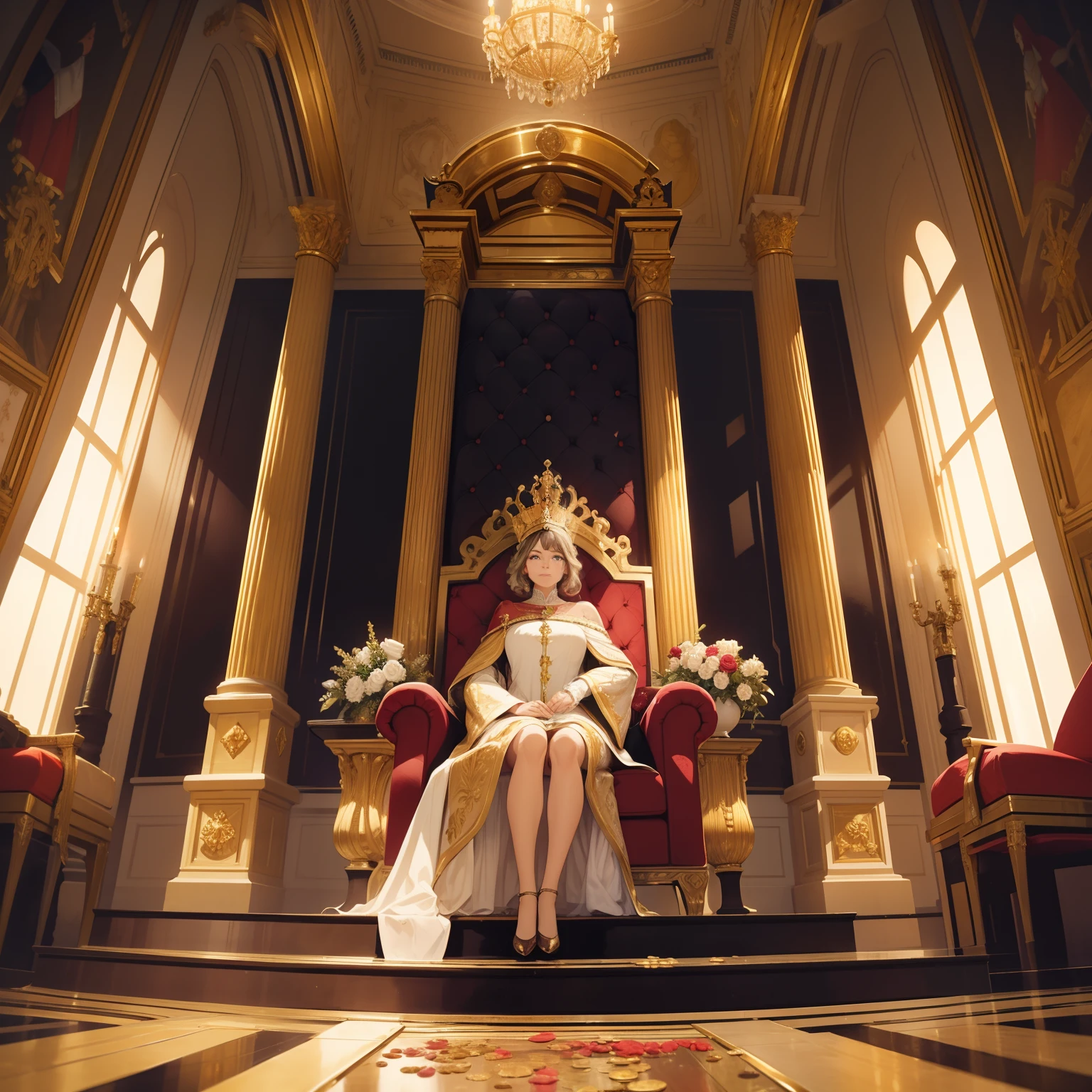 Rainha Elizabeth II sentada no trono. Roupas cerimoniais. Lounge medieval amplo e luxuoso. piles of gold coins and treasures scattered on the floor. Cores vermelho e branco. Panoramic view of the landscape.