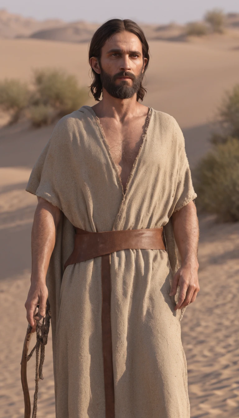 (Professional 3D rendering:1.3) de (Realistic:1.3) John the Baptist was an austere-looking man, com cabelos longos e barba, vestindo roupas simples feitas de pelos de camelo. Ele viveu no deserto da Judeia, subsisting on a diet based on locusts and wild honey, while preaching repentance and baptism for cleansing from sins, preparando o caminho para o Messias.
