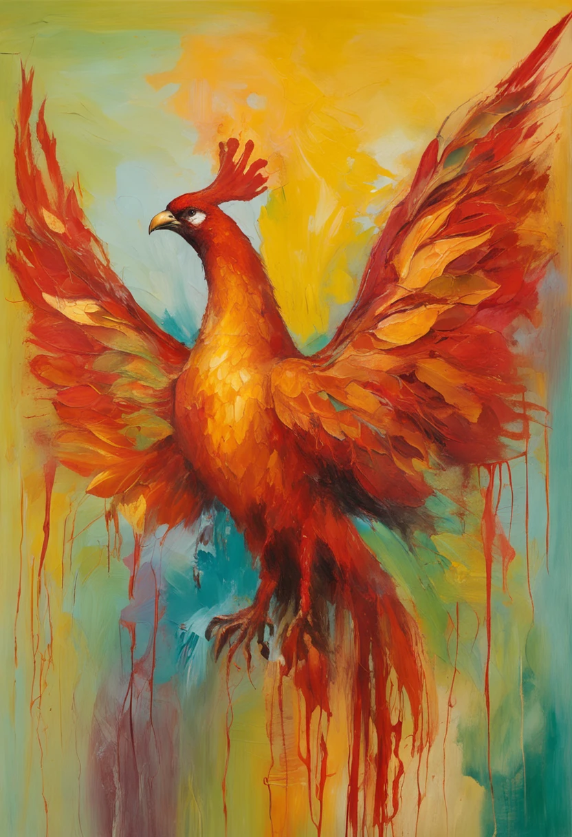 A Phoenix bird from mythology, nas cores vermelho, laranja, amarelo e dourado