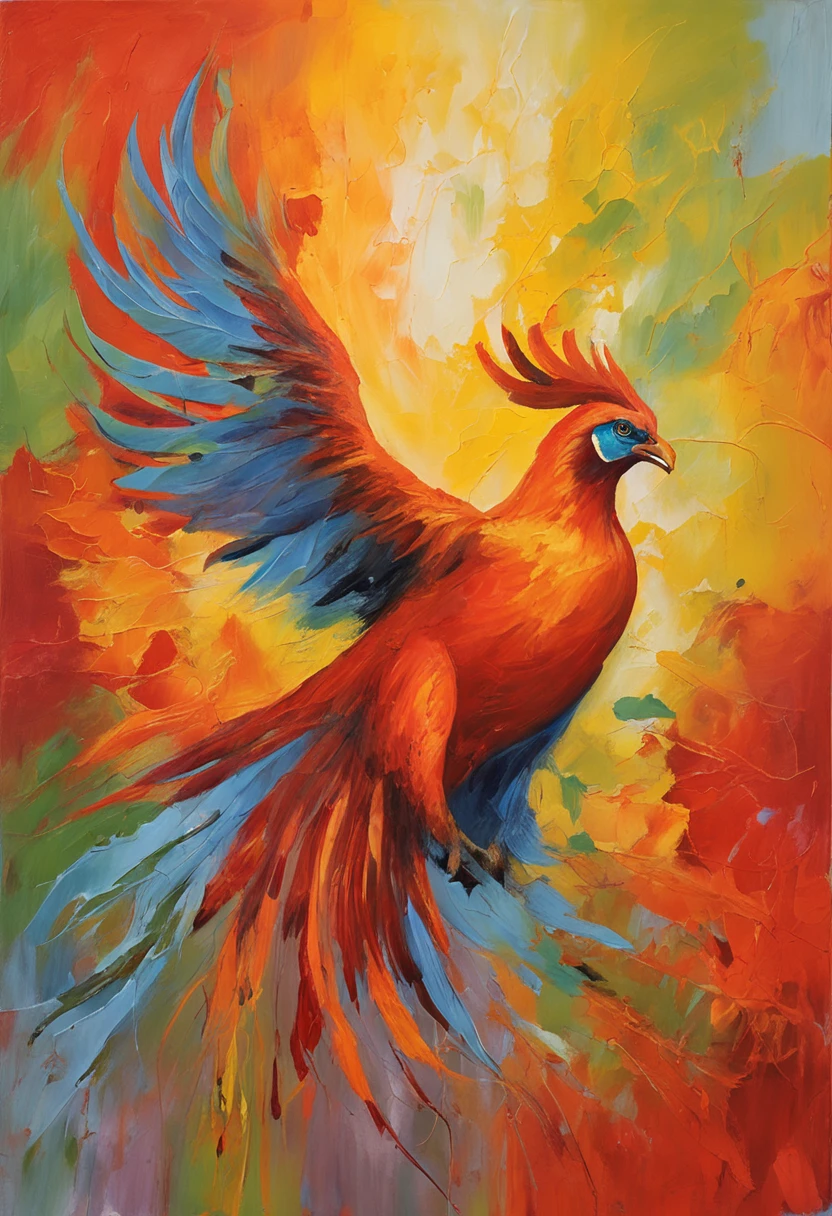 A Phoenix bird from mythology, nas cores vermelho, laranja, amarelo e dourado
