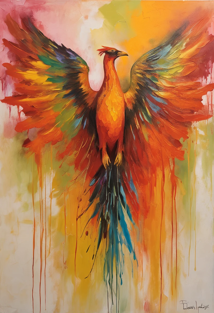A Phoenix bird from mythology, nas cores vermelho, laranja, amarelo e dourado