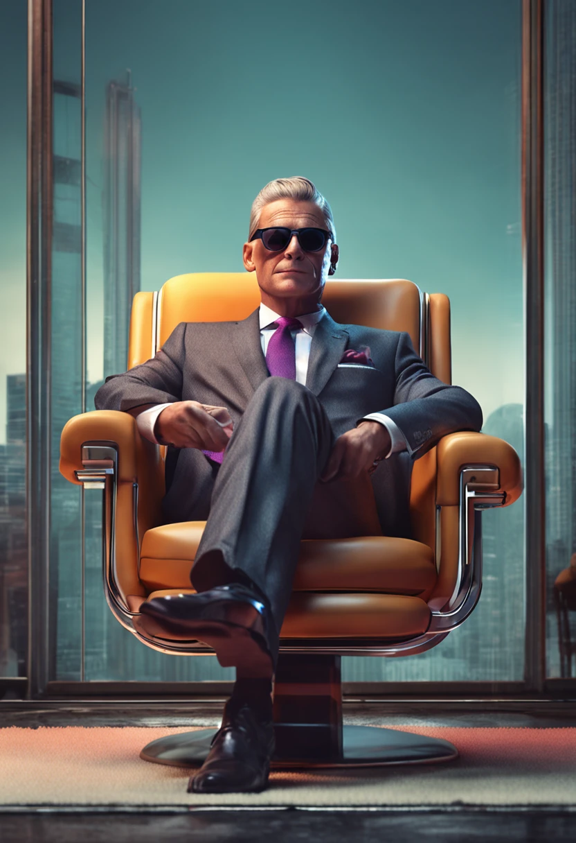 "Hyper-realistic 4k illustration of a stylish businessman in a suit with a cool brain wearing sunglasses as the face, sitting on a sleek chair."