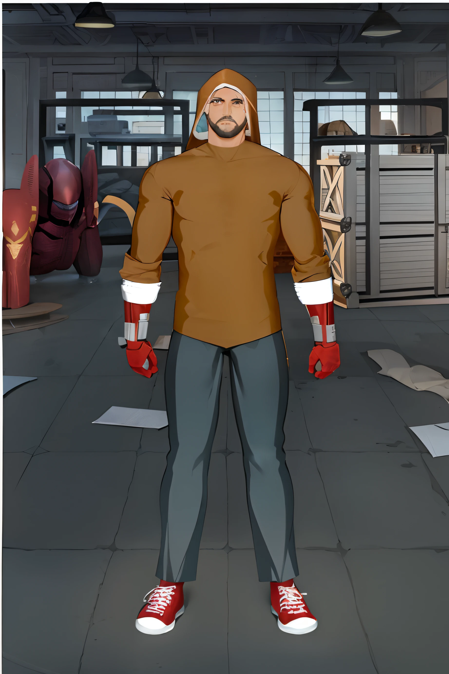 desenhos animados de um homem em um capuz marrom, Iron arms and red shoes, tiro de corpo inteiro, No estilo de Tony Stark