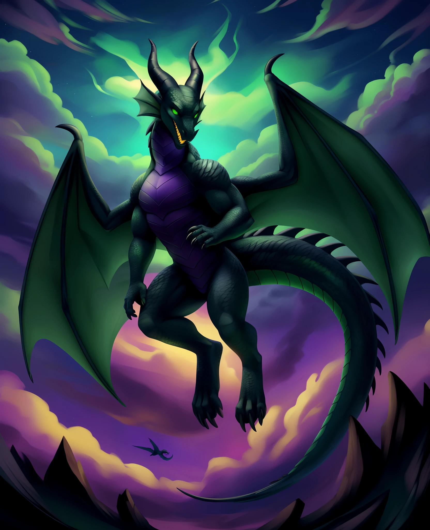 maleficent, scalie, dragon, floating, black body, flying, solo, (best quality), (flying sky dark green fire clouds background:1.2), chest armor, dramatic lighting, (detailed scales:1.1), looking at viewer, tail, open mouth, wings, fingers, feet,