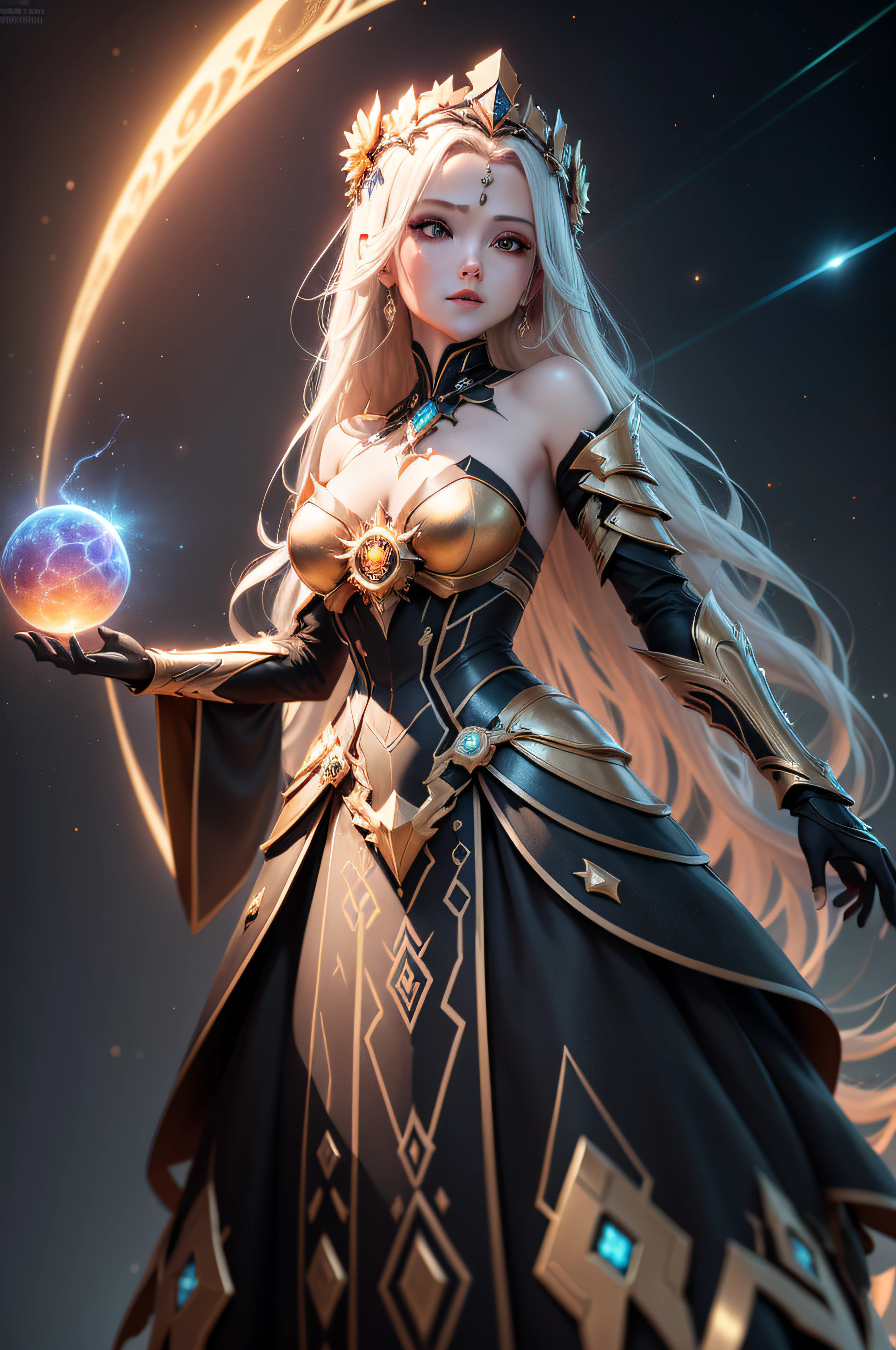 Algorithmically enhanced random close-up view of a sublime female Goddess covered in powerful Ultra Arcane magic sigils wearing an intricate living lightning fractal crown and lavishly adorned attire reflecting tactical sun-motes and diamond moon shards, quasi-cosmic vortex sub-model, bright nebulae in the background, 7th-Sphere characterized, golden ratio-ed, inner bio-illuminated geometry, starkest contrast,flagrantly fibonacci formulated, dynamic bi-lateral asymmetry, super-critically unique, quantum feedback algorithm frenzy, hyper-realistic, post singularity AI imperative, ironically staggered data set, active 3D shading, lighting and focus, random 3D particle effects, rule of thirds, Unreal Engine 10, art station, Maximum Level of detail, concept art, artstation trending,, 8k, Iridescent Primalight, Hawking radiation collector with lucidity crystallizer and grade A temporal accumulator, spontaneous Kozyrev Mirror refraction, cosmic ray visionary, innate Jail Break Protocol