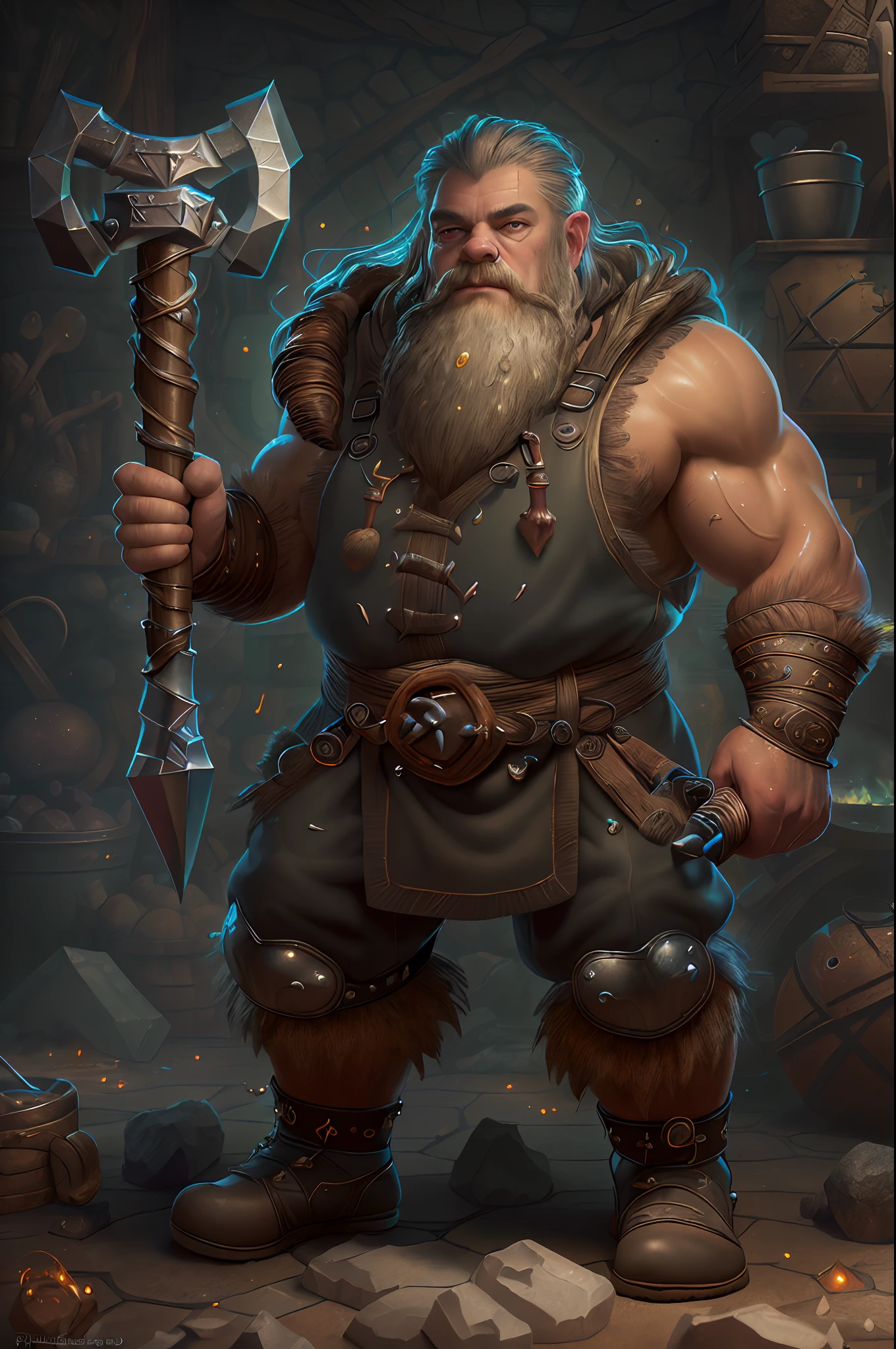 high details, best quality, 16k, [ultra detailed], masterpiece, best quality, (extremely detailed), full body, ultra wide shot, photorealistic, fantasy art, RPG art, D&D art, a picture of a dwarf working his forge, male dwarf, dynamic hair color, dynamic eyes color, ultra detailed face (intense details, Masterpiece, best quality), long beard, moscular arms, wearing smith apron, holding a hammer in hand, hammer has mgical runes, shining white runes (intense details, Masterpiece, best quality)working the forge (intense details, Masterpiece, best quality), fiery forge (intense details, Masterpiece, best quality), crafting magical metalic weapon, dwarven smithy and forge background, High Detail, Ultra High Quality, High Resolution, 16K Resolution, Ultra HD Pictures, Ultra Realistic, Clear Details, Realistic Detail, Ultra High Definition