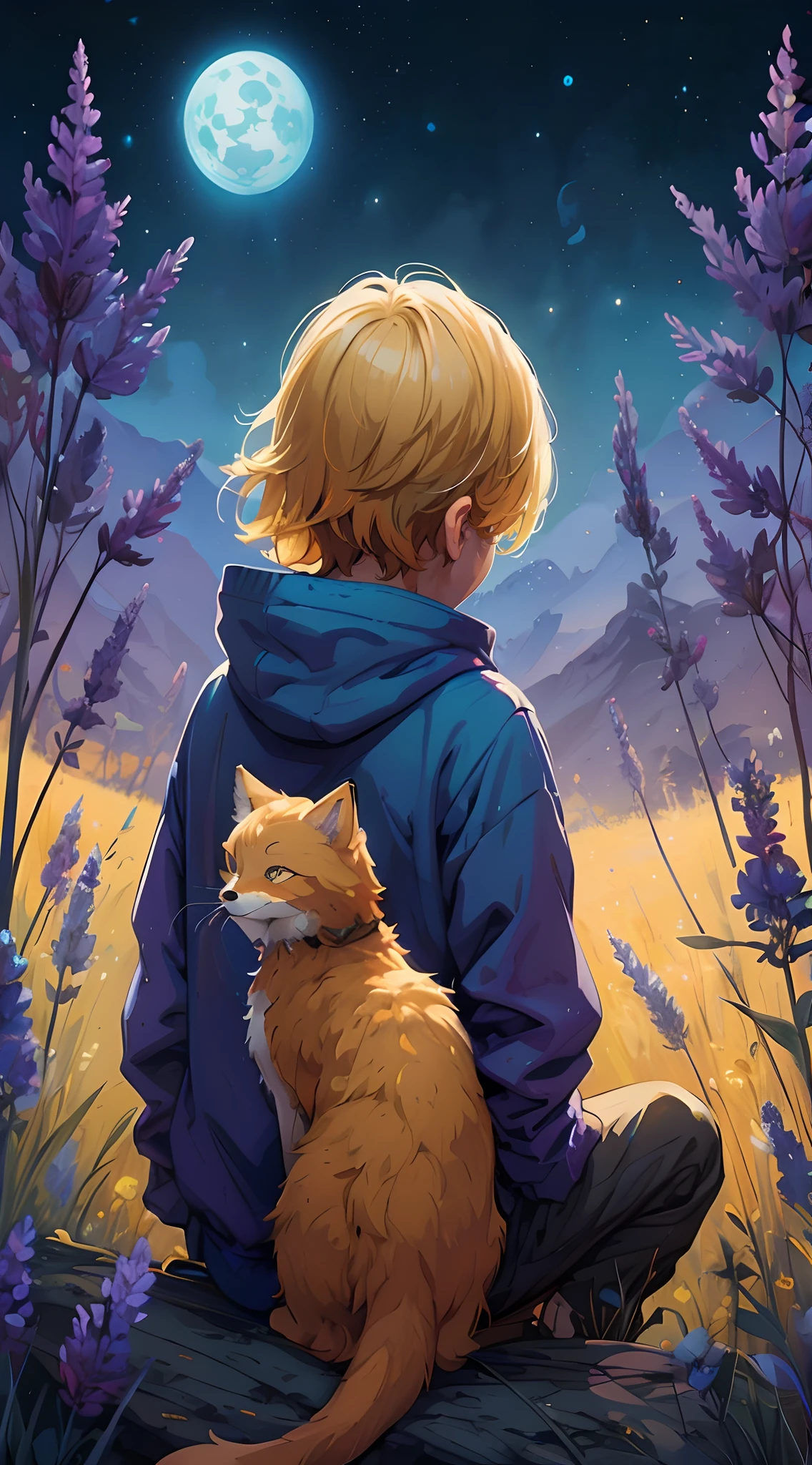 there is a boy sitting on a rock with a fluffy fox with a wide tail, beeple and jeremiah ketner, inspired by Cyril Rolando, cyril rolando and goro fujita, children book illustration, novel cover art for a book, full color illustration, cover illustration, childrenbook illustration, kids book illustration, by Justin Gerard, full art illustration