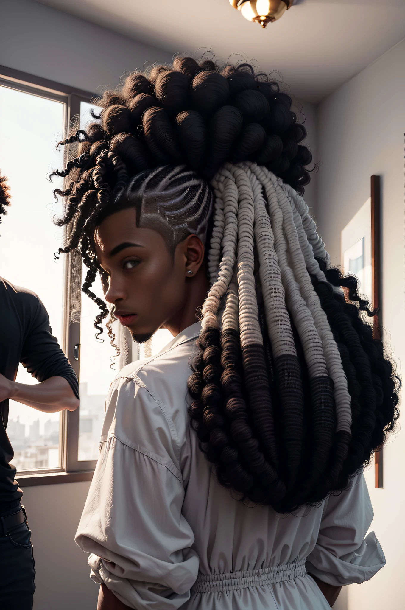 there is a man with a very large afro standing in a room, curls on top of his head, full growth from the back, back view. nuri iyem, in full growth from the back, short hair on top of his head, a black man with long curly hair, curls on top, full head and shoulders, curly afro, back and white --auto