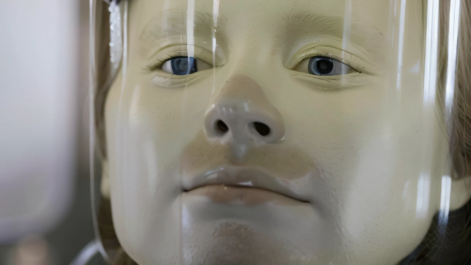 a closeup of a mannequin head with a clear plastic lid, Closeup do rosto, Highley rosto detalhado, Cross section of the dummy head, with detailed facial features, manequim assustador, Rosto detalhado, close-up do centro da face, rosto humanoide, close-up do rosto, close - para cima do rosto, Vale estranho assustador, Closeup do rosto, face transparente