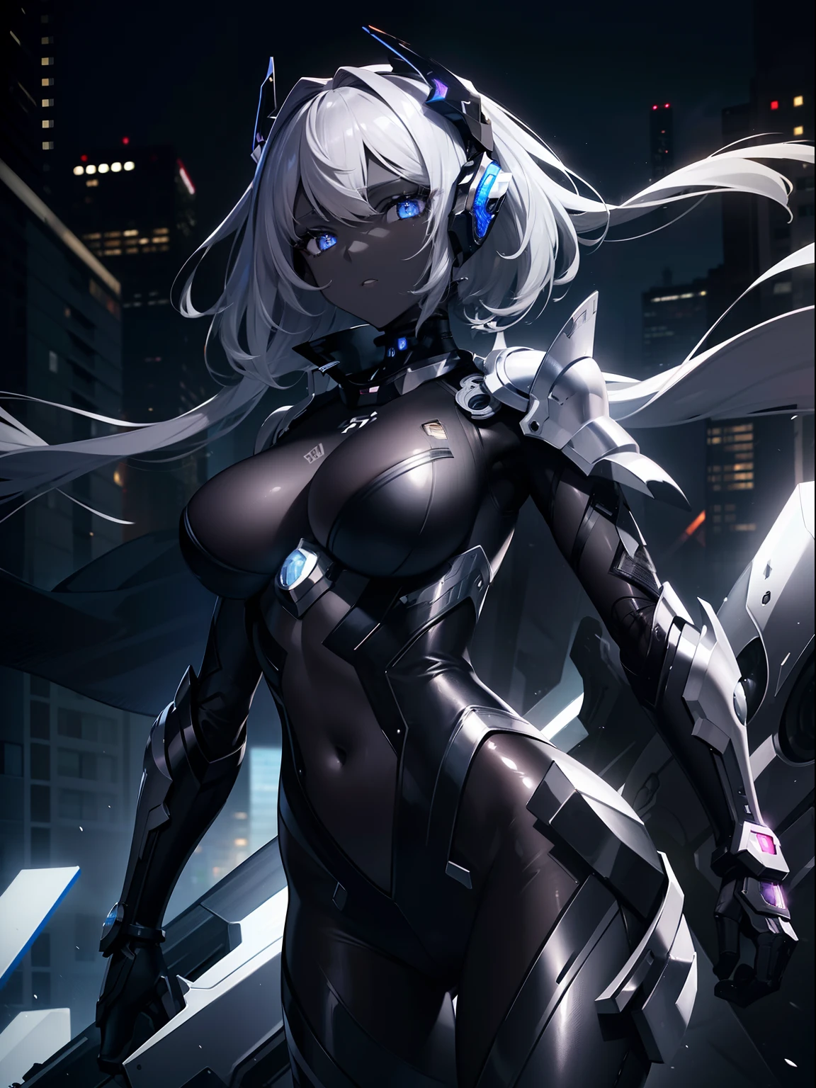 (Masterpiece, Best quality, ultra high resolution, splendid),1girl,mechanical bodysuit,mechanical armor,black skin, beautiful and detailed face, detailed eyes,((gray theme)),in the street,at night
