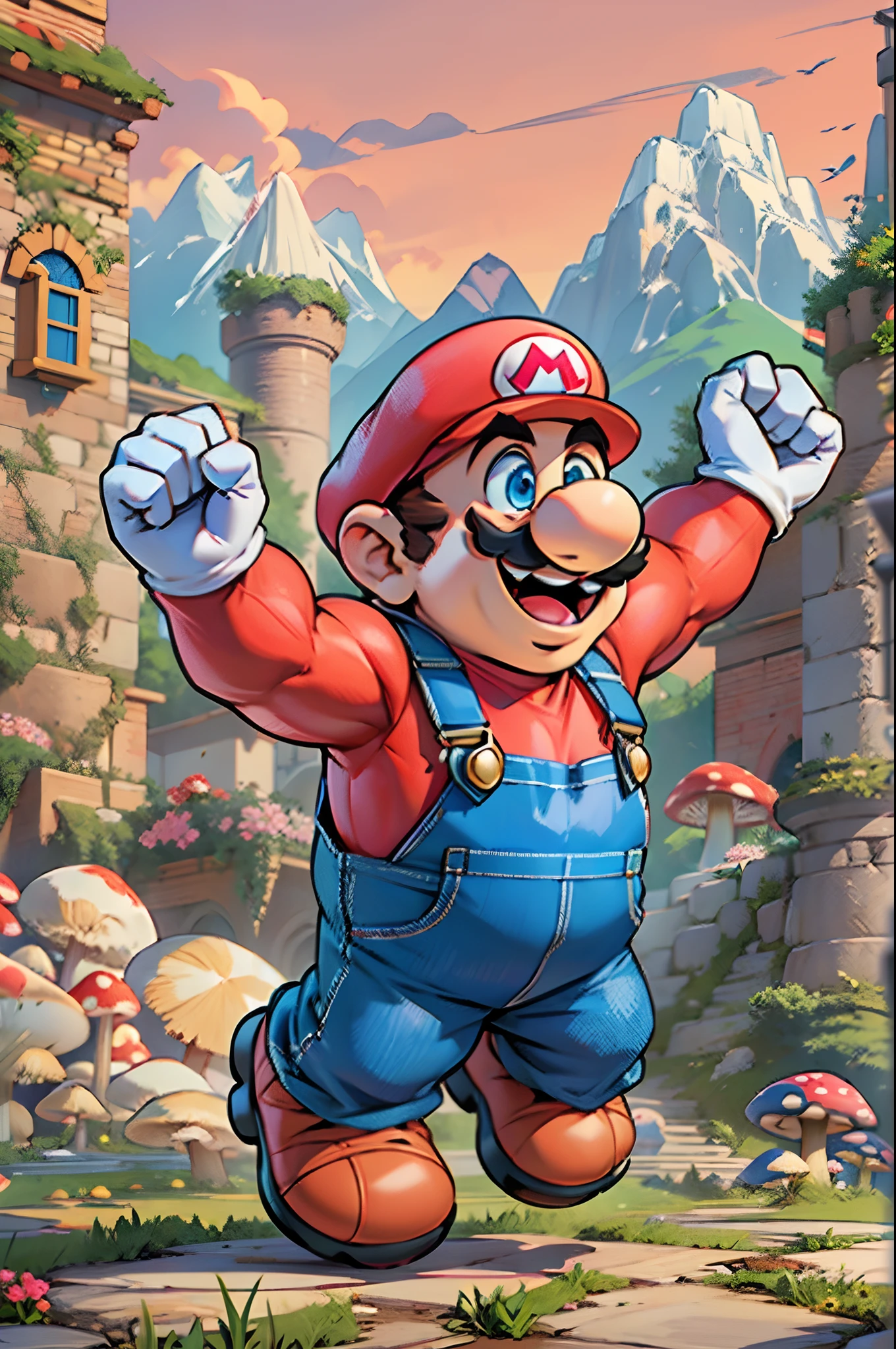 (masterpiece), (bestquality) supermario, blue overalls, red shirt, red cap, smiling, 1boy, short man, little man, short legs, short arms,male, Muscular body, Imposing body, Imposing appearance, muscular arms, muscular legs, only body, trapezoid torso, sturdy body, muscular body, defined round and fleshy pecs, defined washboard ABS, defined arms, defined legs, cartoon looking, jumping, dynamic pose, dynamic expression, smile, (fist up:1.1), big hands, big foot, (white gloves:1.1), mushroom kingdom in the background, giant mushrooms in the background, detailled background, castle with pink roofs on a mountain in the background, cartoon style, defined eyes, blue eyes, white teeth