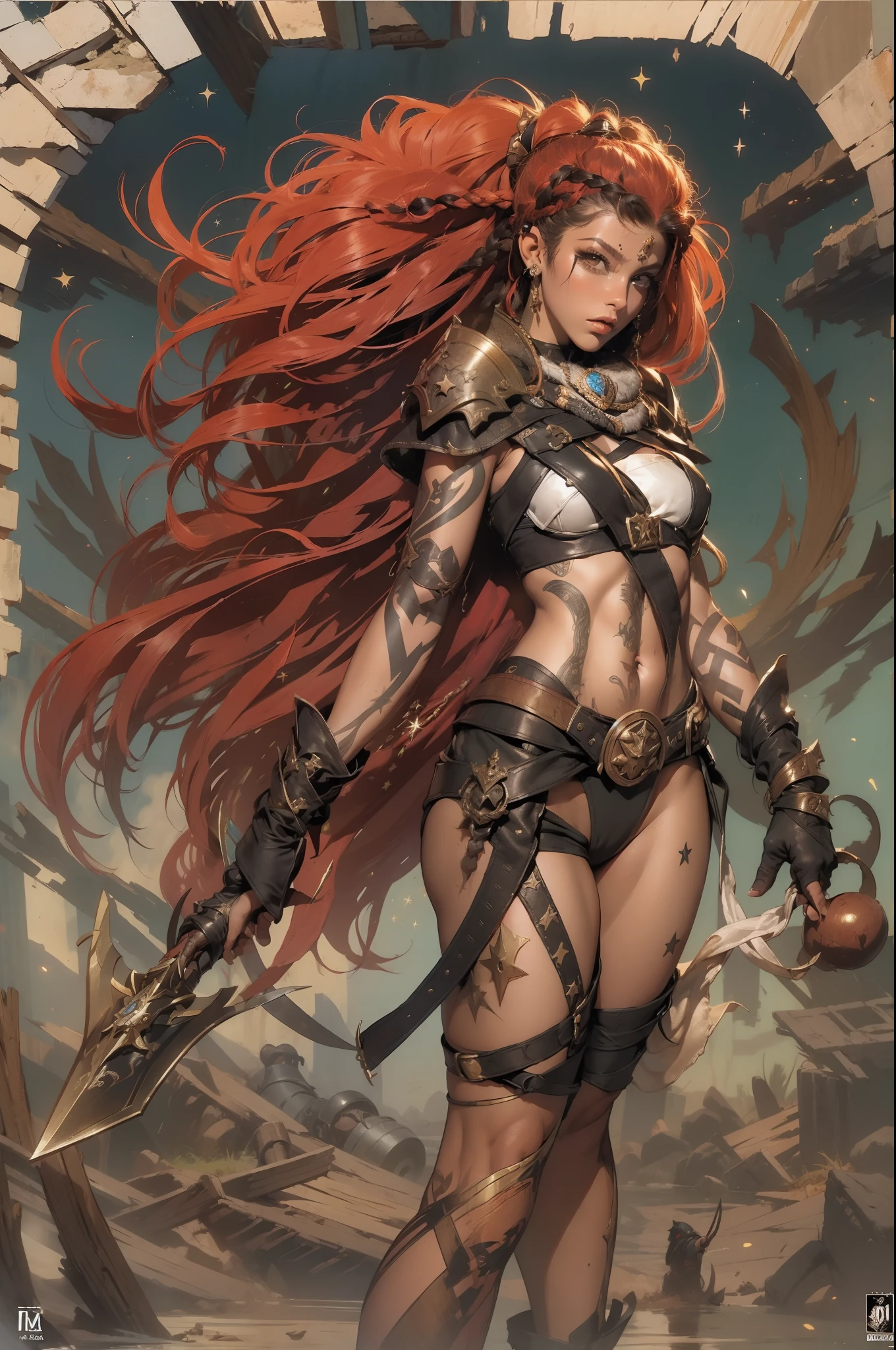 (((mulher))), (((melhor qualidade))), (((obra prima))), (((adulto))), ((( Vision from the waist up ))), comics style, Uma mulher guerreira gladiadora Barbara loira, of 30 years with athletic body, Post Apocalypse, Armadura moderna, capuz, Half-moon symbols and gold stars on clothing, Arabic symbols, muitas joias, (((sozinho))), (((1girl))) , Gladiadores do Brooklyn, quase nua no estilo selvagem urbano de Simon Bisley para a capa da revista Heavy Metal, cabelos moicanos, pose sensual, tiny leather panties, , Minimum clothing, black and red arabesque pattern, armadura, cheio de pontas e estrelas, (((da cintura pra cima))), mohawk hair with small braids, explosion of colors, Wowdk