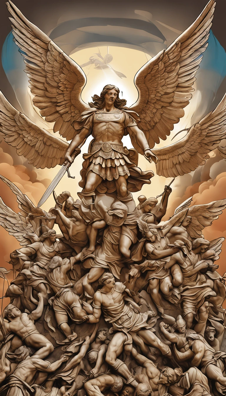 Create a heavenly battle scene with St. Michael leading the angels against the forces of evil.
Draw St. Michael in the center of the image with a heroic pose and spread wings.
Posicione anjos ao redor, empunhando armas ou instrumentos divinos.
Add symbolic elements, like defeated demons or a dragon.