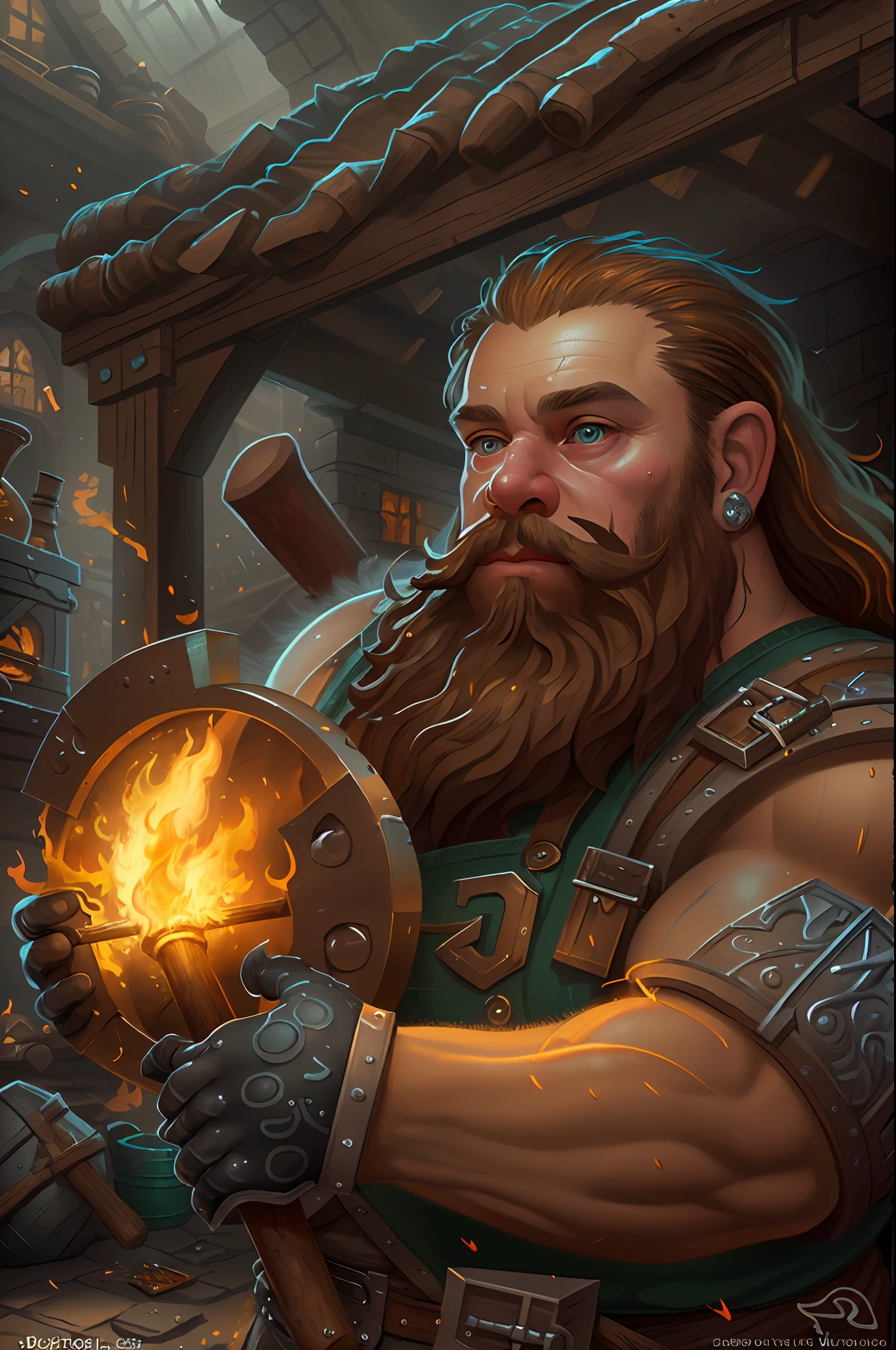 high details, best quality, 16k, [ultra detailed], masterpiece, best quality, (extremely detailed), full body, ultra wide shot, photorealistic, fantasy art, RPG art, D&D art, a picture of a dwarf working his forge, male dwarf, dynamic hair color, dynamic eyes color, ultra detailed face (intense details, Masterpiece, best quality), long beard, moscular arms, wearing smith apron, holding a hammer in hand, hammer has mgical runes, shining white runes (intense details, Masterpiece, best quality)working the forge (intense details, Masterpiece, best quality), fiery forge (intense details, Masterpiece, best quality), crafting magical metalic weapon, dwarven smithy and forge background, High Detail, Ultra High Quality, High Resolution, 16K Resolution, Ultra HD Pictures, Ultra Realistic, Clear Details, Realistic Detail, Ultra High Definition