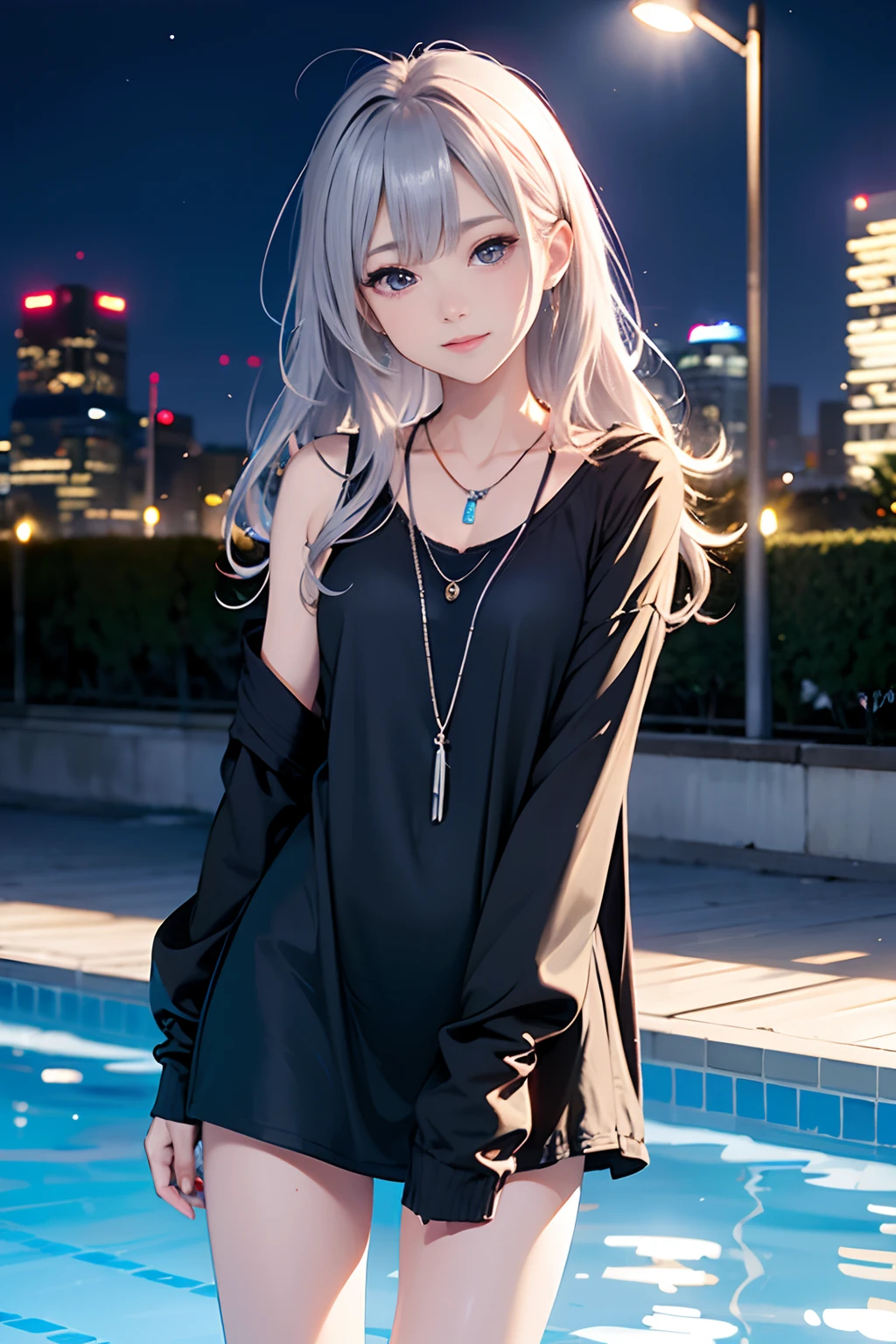 (8K、Raw photography、top-quality、masterpiece:1.2)、(realisitic、Photorealsitic:1.37)、sankta。louis\(luxurious wheels\)\(azur lane\),1girl in,(K-pop idols),(Love Glialis:1),hair adornments,portlate,(Long Loose Silver Dress:1.1),a necklace,Blue Nails,cute little,Cityscape、natta、Sateen、wet、profetional lighting、Photon mapping、Radio City、physically-based renderingt、Night Pool、Water light reflects off the body、pale light、Lighting is black light