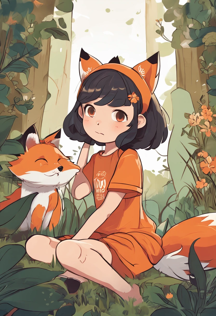 nature theme, a fox girl with an orange T-shirt and an orange skirt, and with cute fox ears