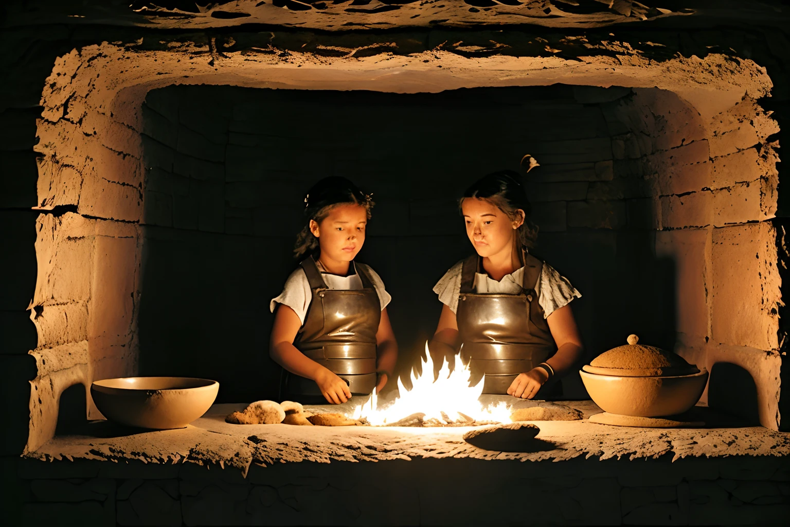 Enter a fantastical scene set in the prehistoric era, where a prehistoric mother and daughter, clad in animal leather garments and with wild, uncombed hair, collaborate to bake a cake. The rough-hewn stone countertop is strewn with a clay bowl and a generous scattering of flour, providing the backdrop for their primitive culinary adventure. A cave-shaped kitchen, illuminated solely by torches on the walls, adds an eerie and captivating ambiance to this scene. Every detail is meticulously crafted to create an ultra-realistic and highly detailed image that transports you to a time long before recorded history.