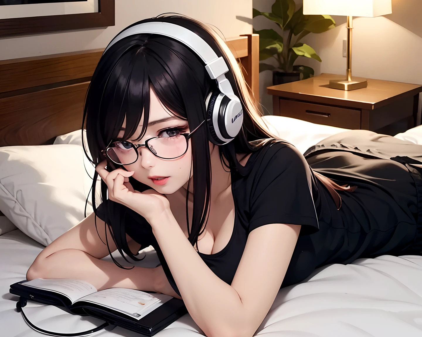 Midnight Room、Turn off the lights、Smartphone light、 Girl with headphones and glasses、Face down on the bed while operating your smartphone、pupils、big breasts、