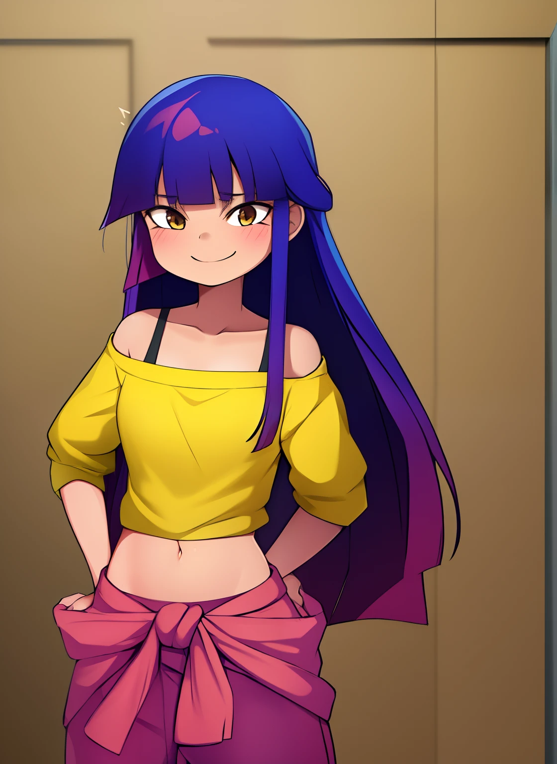 1girl, miko_kubota, long hair, smile, hands on hips, yellow shirt, off shoulder, navel, pants, sweater around waist, blush,