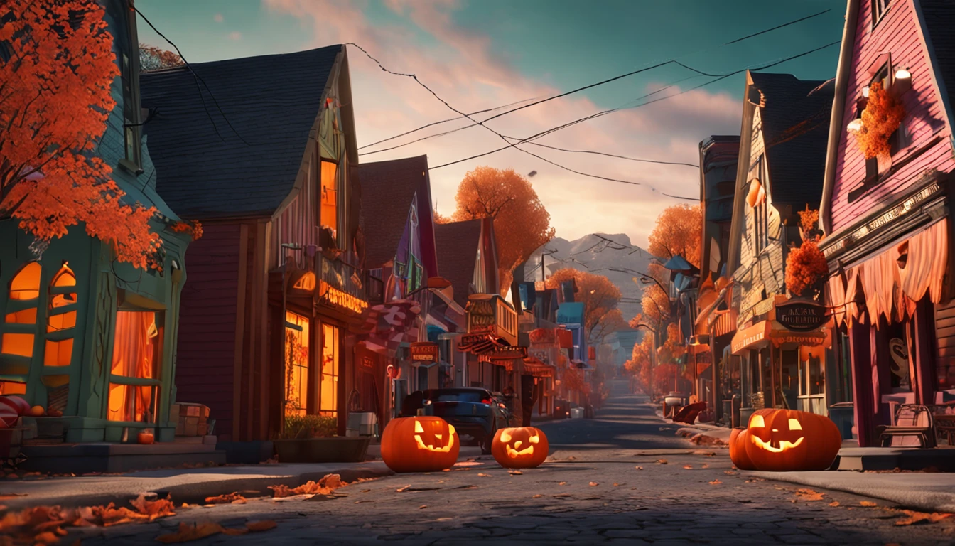 Cozy town decorated for halloween