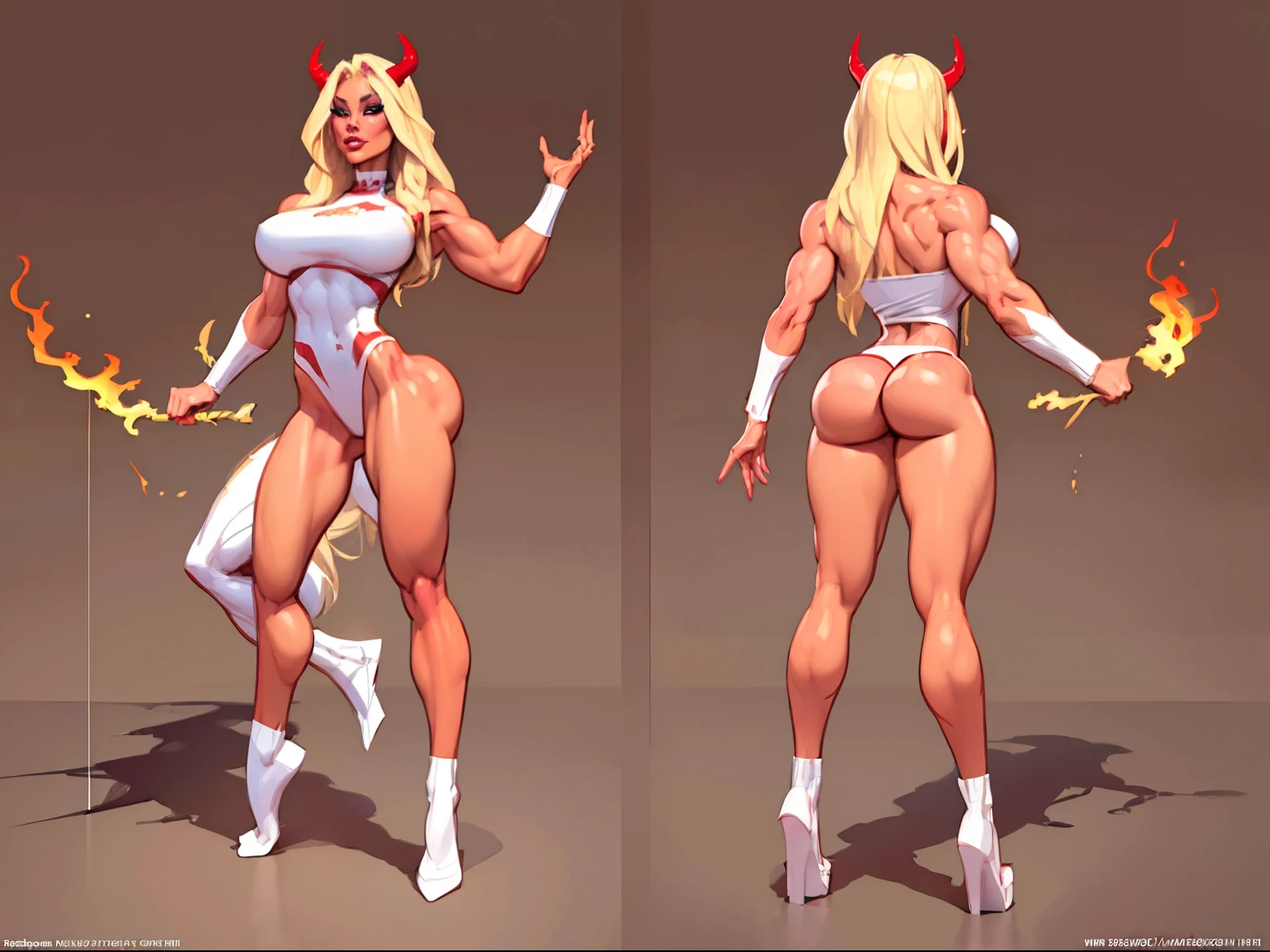 ((masterpiece)),(((best quality))),((character design sheet)), illustration,1woman, environment Scene change, muscular, red skin, white legs, thick legs,devil horns, scribbles and marks, fire, ((detailed face:1.1)), rough sketches, pose too, blonde and white color palette, 8k,16k, (simple background, light background: 1.3)