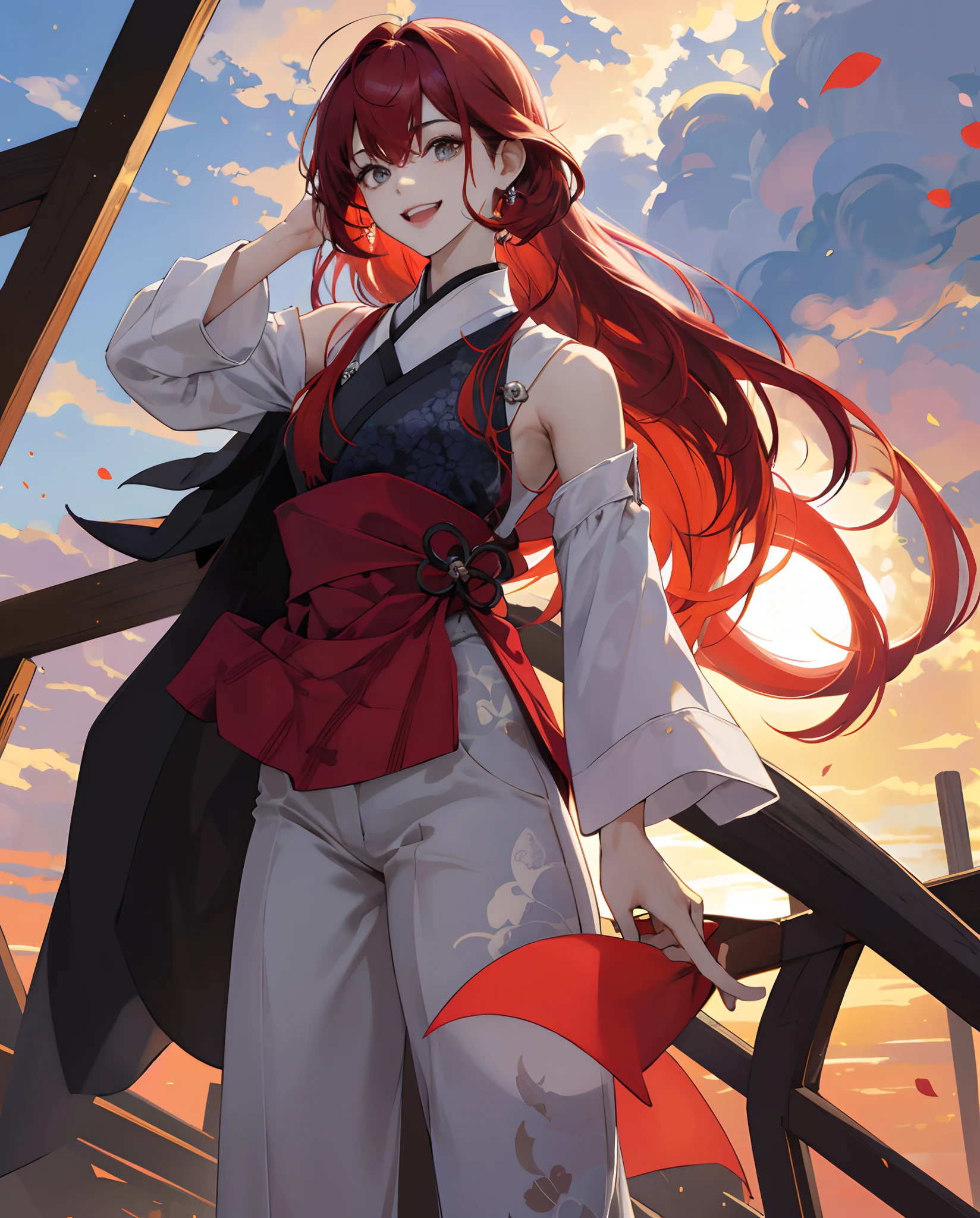 (master part, best quality), 1girl, 鎖骨, cabelos ondulados, Olhando para o Viewer, blurry foreground, parte superior do corpo, colar, contemporary, plain pants, ((intrincado, imprimir, pattern)), rabo-de-cavalo, Sardas, red hair, luz solar fraca, sorrir, Feliz,long dress