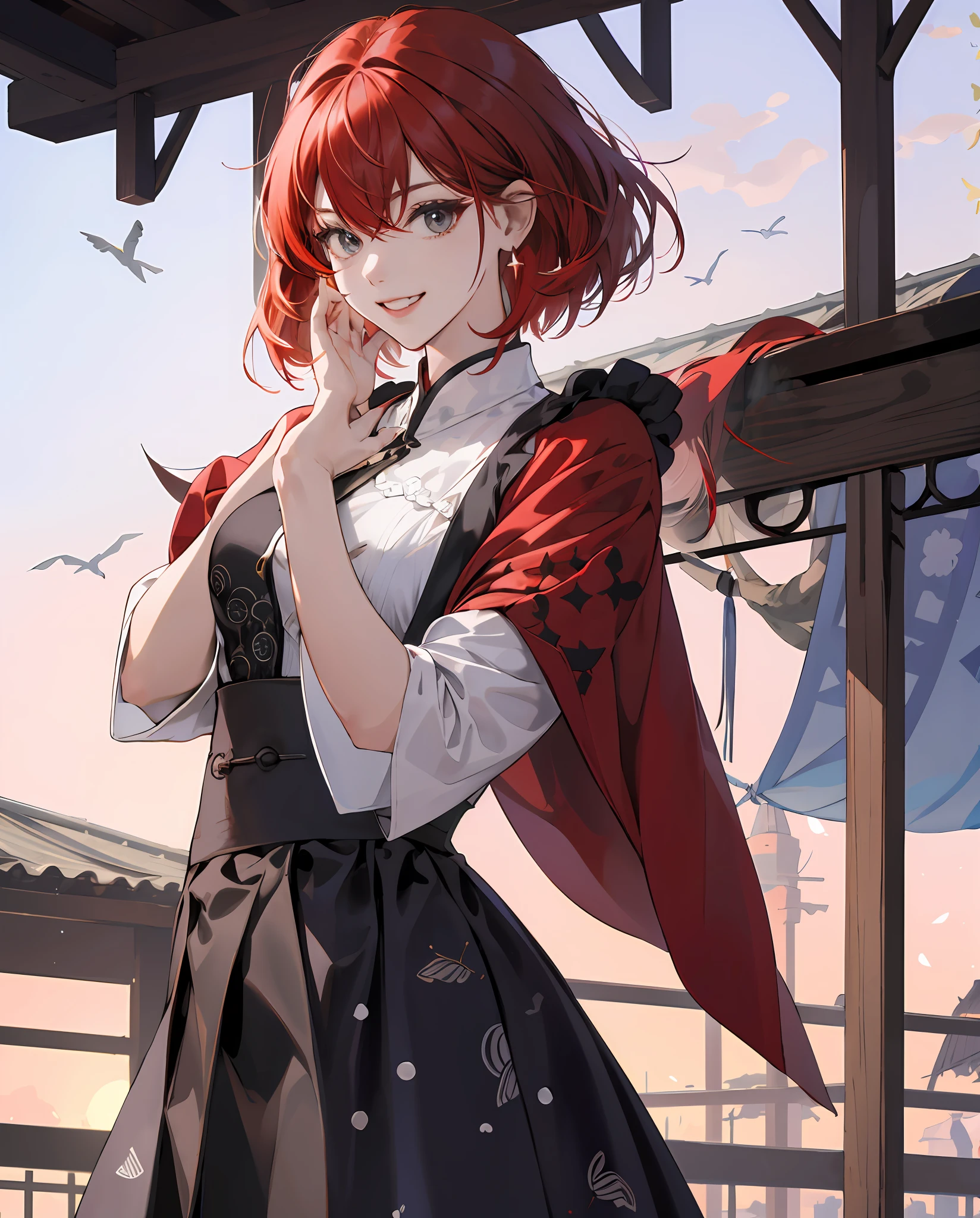 (master part, best quality), 1girl, 鎖骨, cabelos ondulados, Olhando para o Viewer, blurry foreground, parte superior do corpo, colar, contemporary, plain pants, ((intrincado, imprimir, pattern)), rabo-de-cavalo, Sardas, red hair, luz solar fraca, sorrir, Feliz,long dress