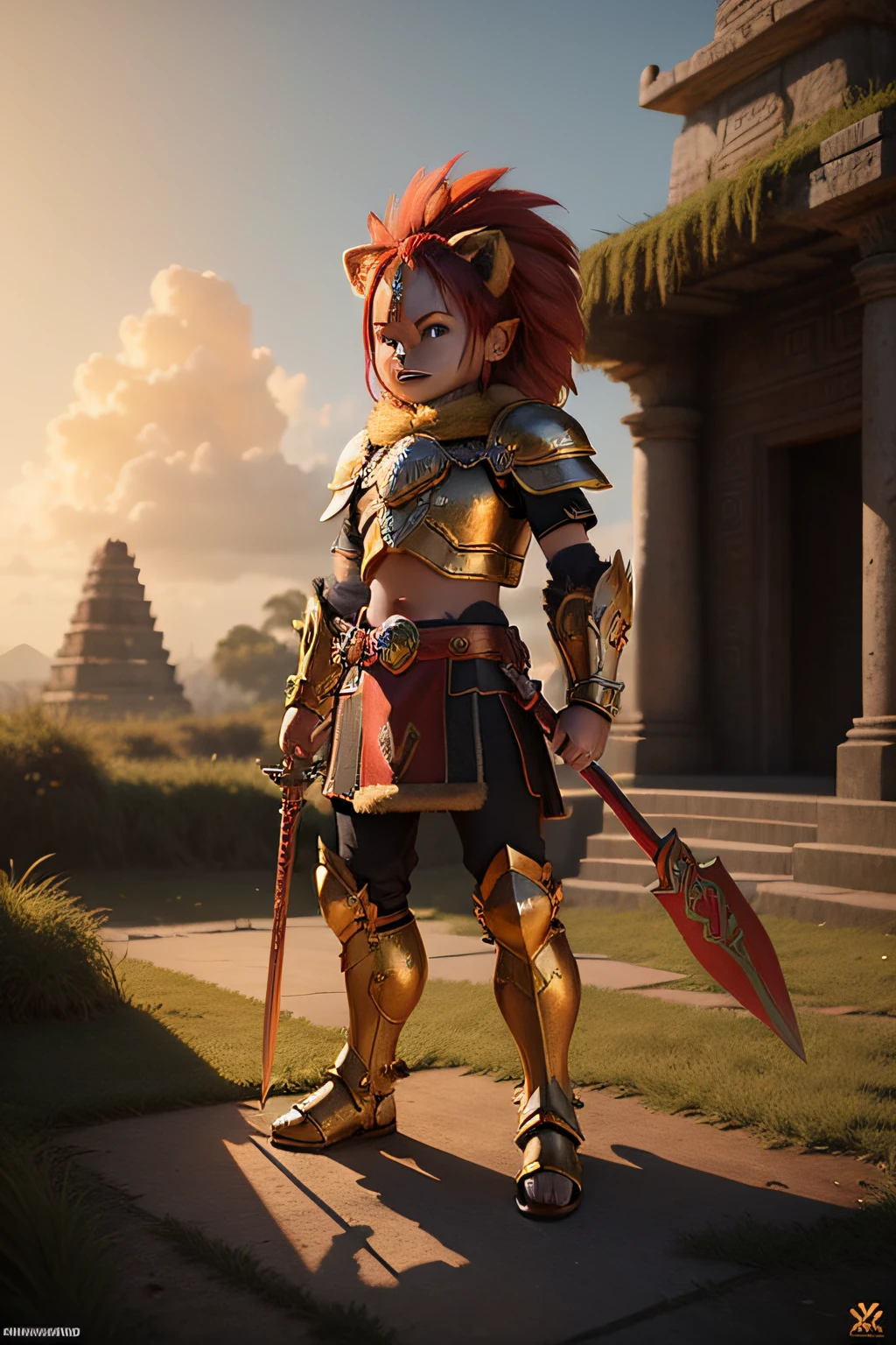 one realistic battle worn armor 3D Cartoon CGI Child sized Lion humanoid with red fur with small cinder flames, Golden warrior armor, dual wielding two swords on fire, standing in the center of a densely vegetated jungle path, there are Mayan styled temples in the background