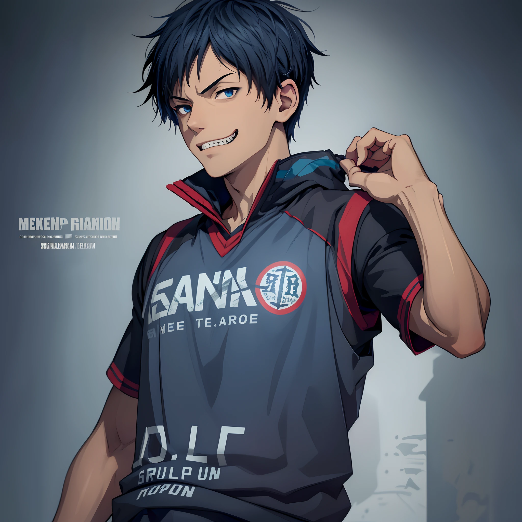 (8k wallpaper:1.2),(Ultra-high resolution:1.2),(masterpiece:1.1),wallpaper,High quality,masterpiece,(High detail),1boy,solo,eye glare,dark blue eyes, sweating, steam coming from the body, messy short hair,dark blue hair, wearing black and red basketball vest,grin,anime movie grade detailed, extremely detailed, absolutely stunning art, wallpaper, HD quality, highest quality digital art