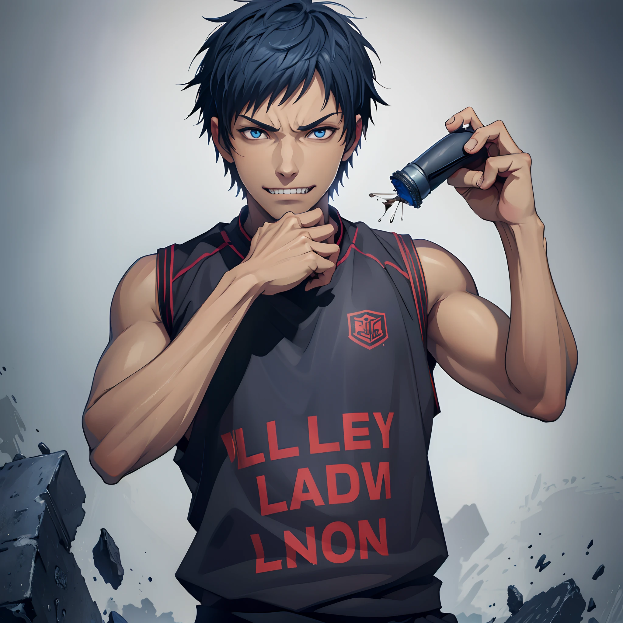 (8k wallpaper:1.2),(Ultra-high resolution:1.2),(masterpiece:1.1),wallpaper,High quality,masterpiece,(High detail),1boy,solo,eye glare,dark blue eyes, sweating, steam coming from the body, messy short hair,dark blue hair, wearing black and red basketball vest,grin,anime movie grade detailed, extremely detailed, absolutely stunning art, wallpaper, HD quality, highest quality digital art