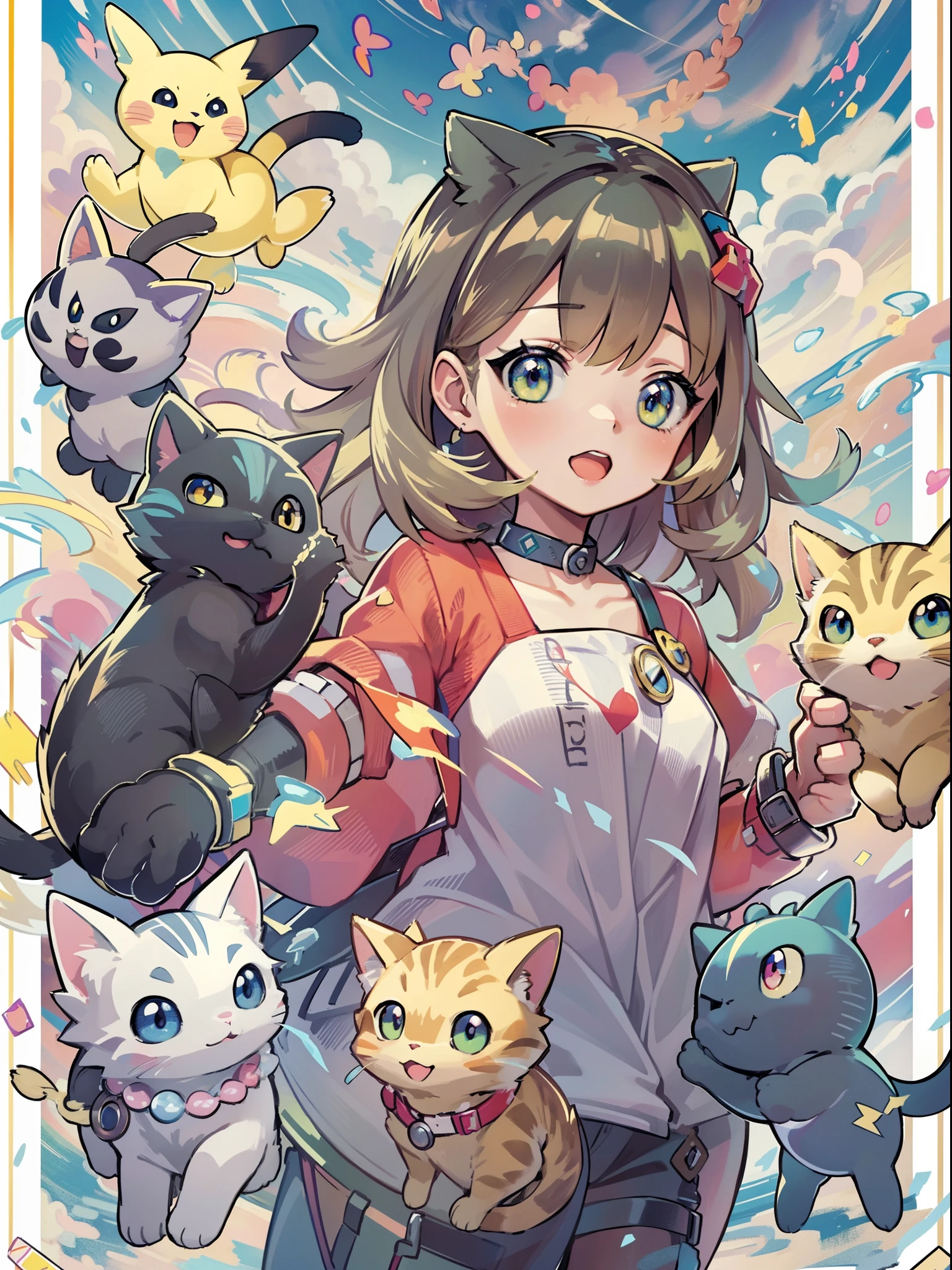 1girl in,A pokémon_The card,(top-quality), (high_quality), (Convoluted_Details), (ultra-detailliert), (illustratio), (Distinct_image),saito_naoki,Against the backdrop of the vast sky、Rainbow View、With cats（（Cute cat１.５））